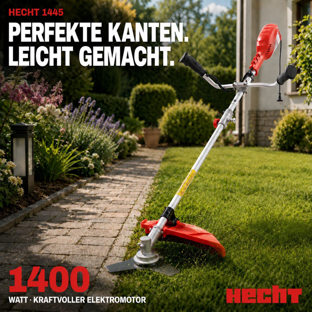Hecht Elektro-Freischneider Motorsense 1445, 25,4 cm Arbeitsbreite Messer, 42 cm Arbeitsbreite Faden, 1400W, inklusive Tragegurt