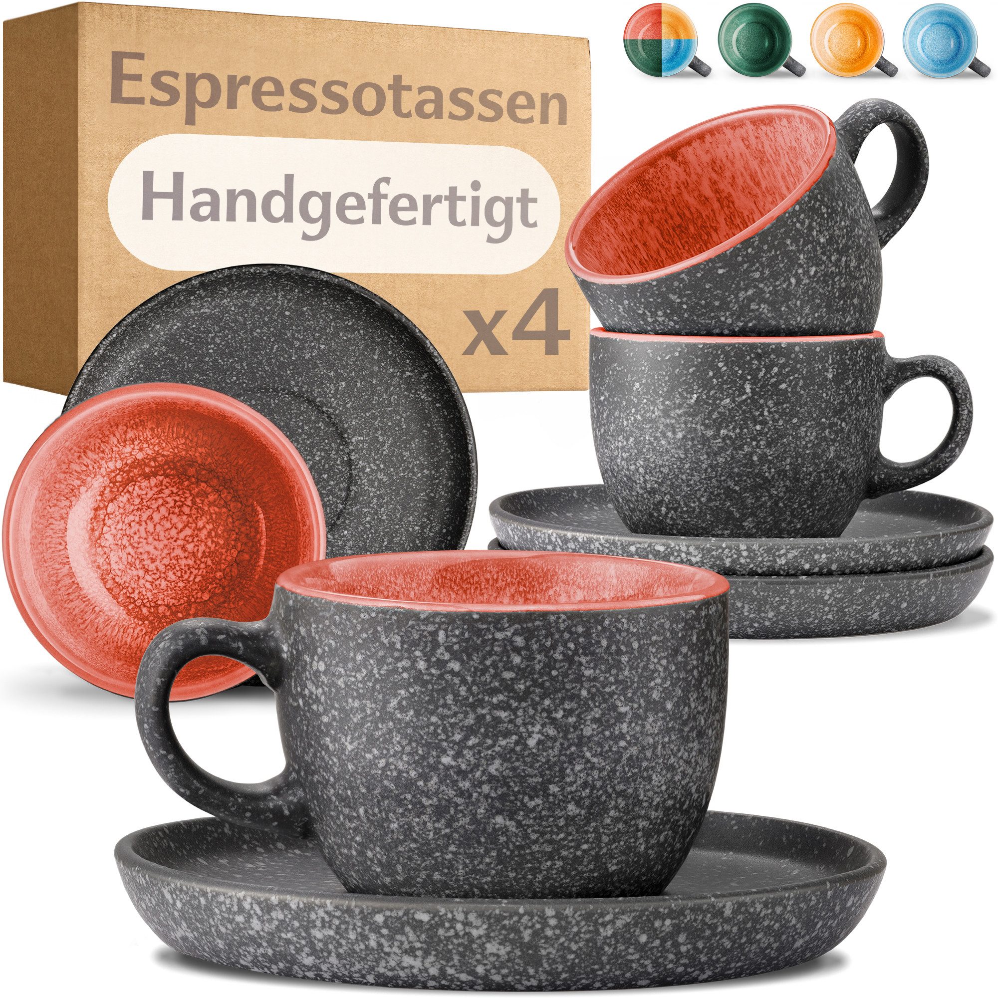 Cosumy Cappuccinotasse Espressotassen mit Untertassen 4er Set - 90 ml Keramik rot, 8-tlg., Keramik, Warm