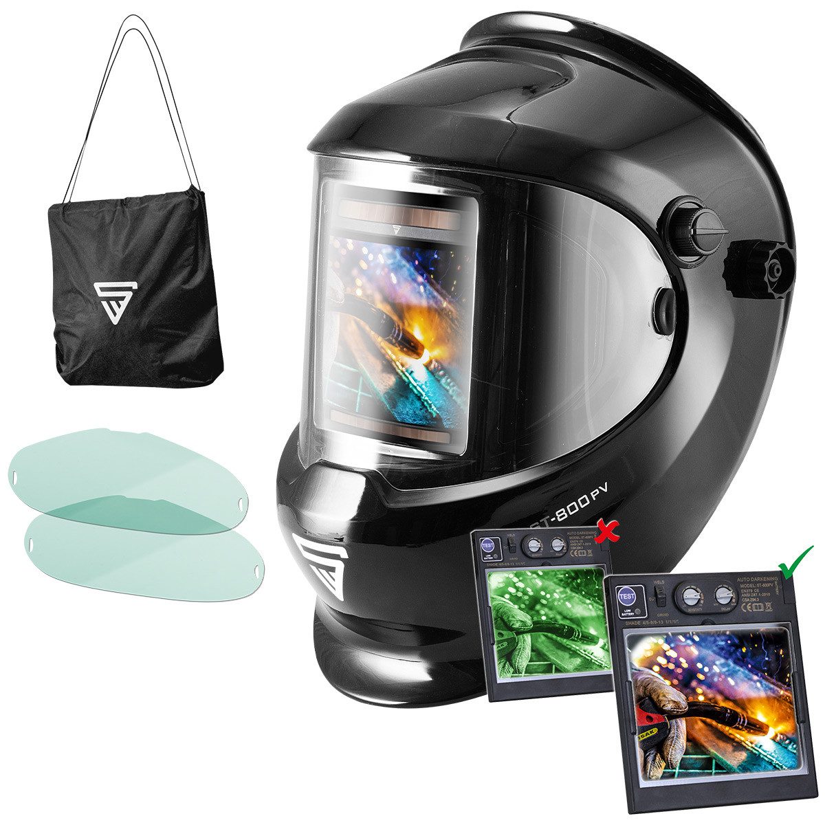 STAHLWERK Schweißhelm ST-800PV REAL COLOUR Vollautomatik Schweißhelm (Packung), mit 3 in 1 Funktion Optische Klasse 1/1/1/1 mit großem Sichtfeld