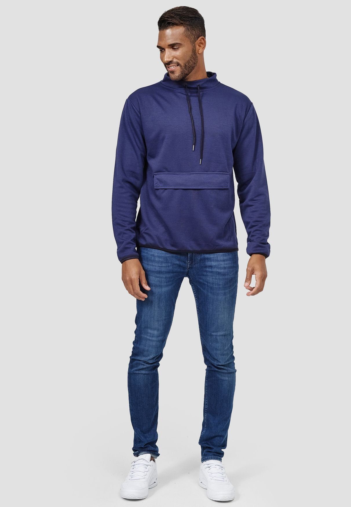 Egomaxx Sweatshirt mit Sport Blau Bauchtasche Dünnes Longsleeve Sweatshirt Pullover Sweater 3842 in (1-tlg)