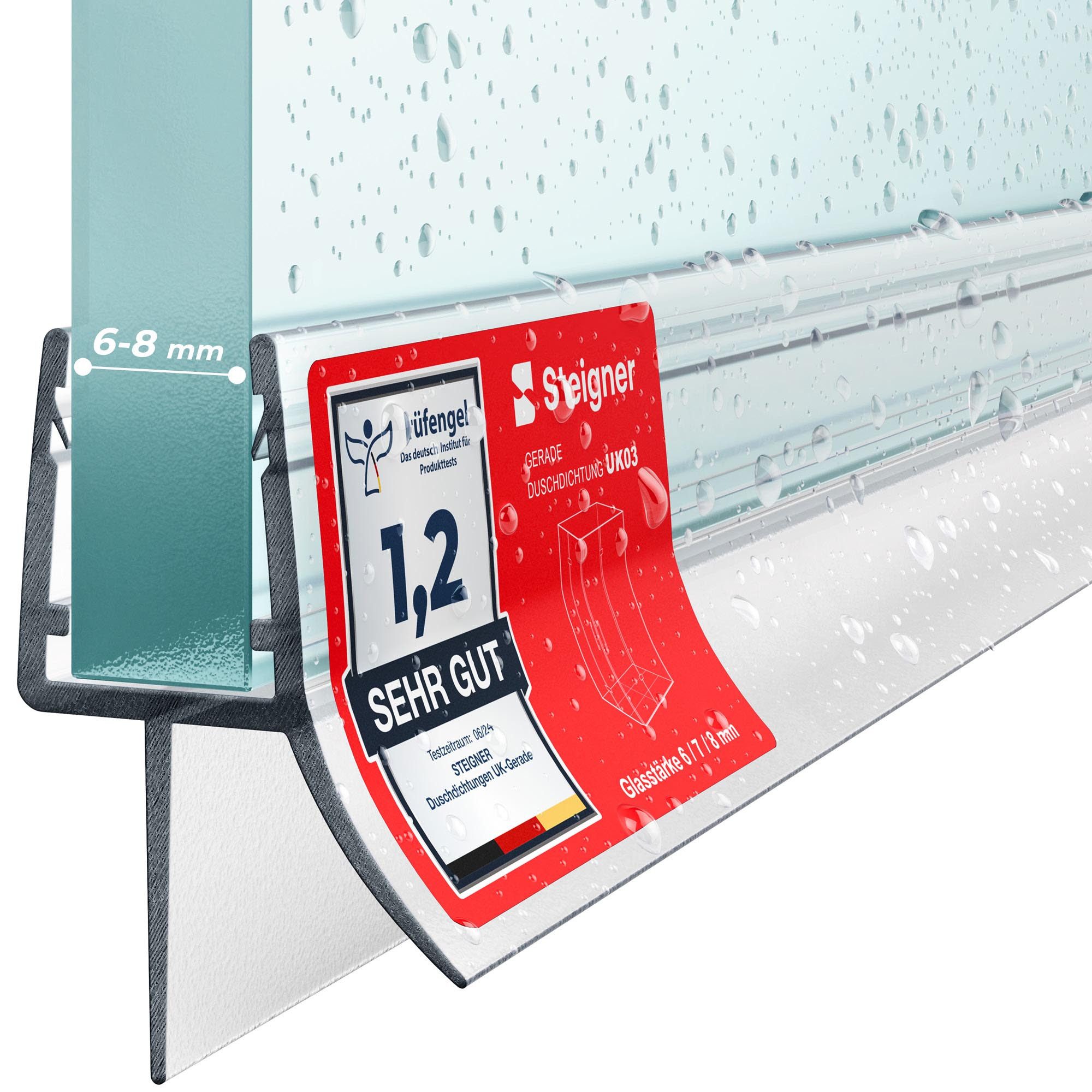 STEIGNER Duschdichtung 130cm Gerade PVC Ersatzdichtung für Dusche, L: 130 cm, (1 Stück Packung, Einzeldichtung), Glasstärke 6/7/ 8 mm Model: UK03