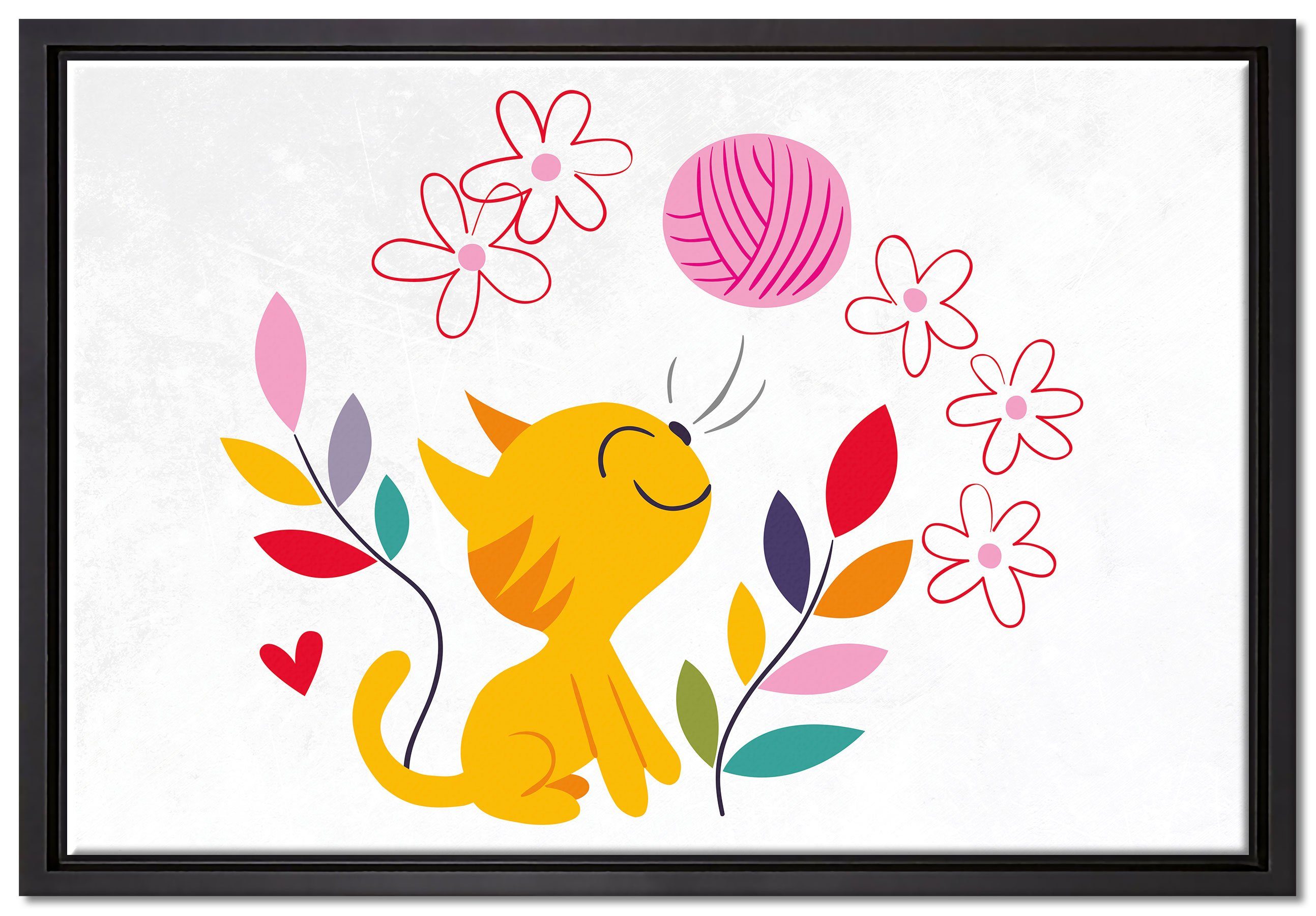Pixxprint Leinwandbild Niedliche Katze mit Wollknäuel, Wanddekoration (1 St), Leinwandbild fertig bespannt, in einem Schattenfugen-Bilderrahmen gefasst, inkl. Zackenaufhänger