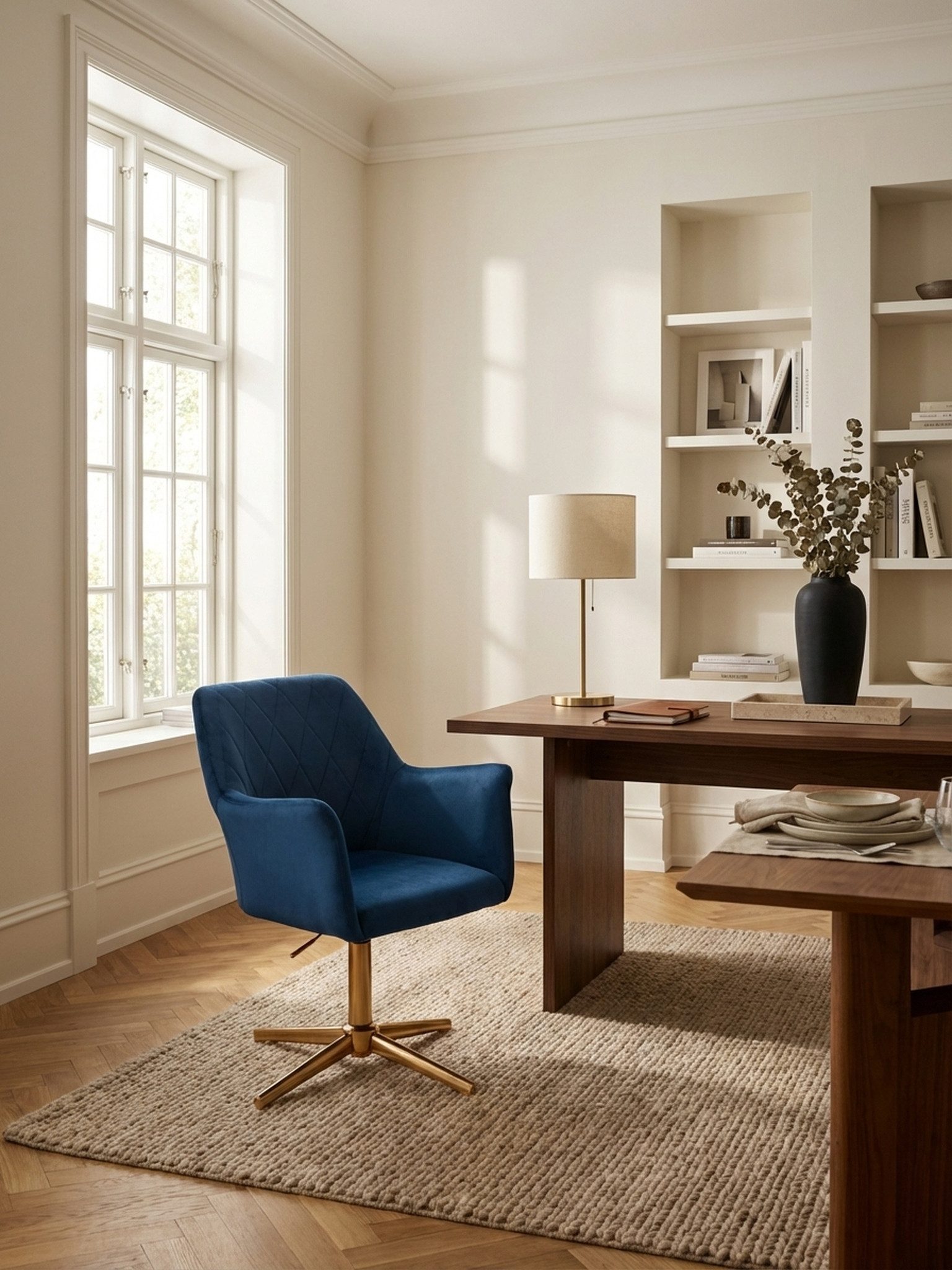 KADIMA DESIGN Loungesessel Schreibtischstuhl Dunkelblau Samt Design Drehstuhl mit Lehne, (Schreibtisch Home-Office Drehbar), Schalenstuhl 120 kg Höhenverstellbar, Arbeitsstuhl ohne Rollen, Stuhl