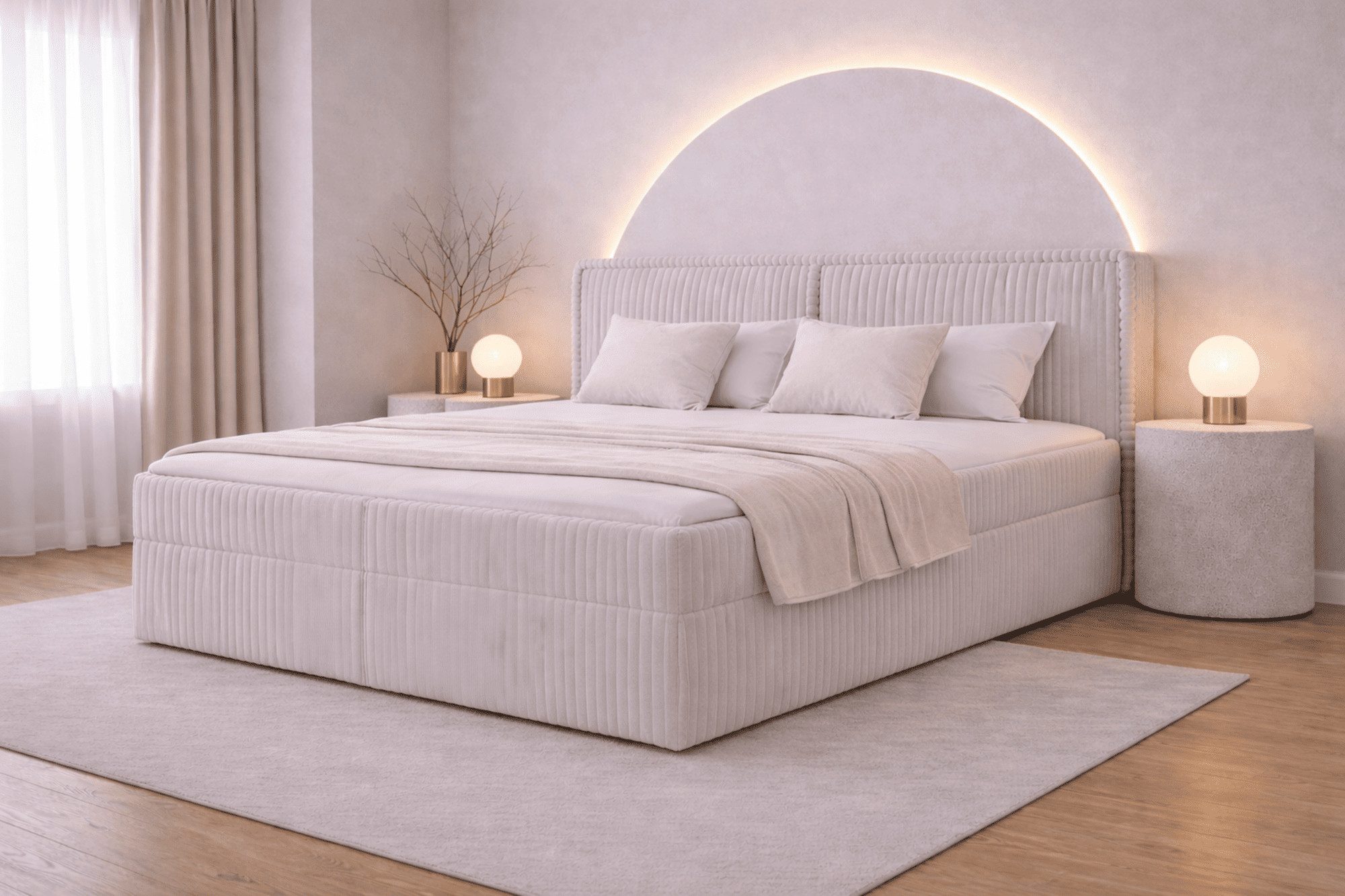 MOEBLO Boxbett Bett 04 (Bonnell + Topper, Doppelbett gepolstertes Kopfteil Bett mit Bettkasten, aus Cord, Polsterbett Kontinentalbett), (BxHxT):143/163/183x113x214cm