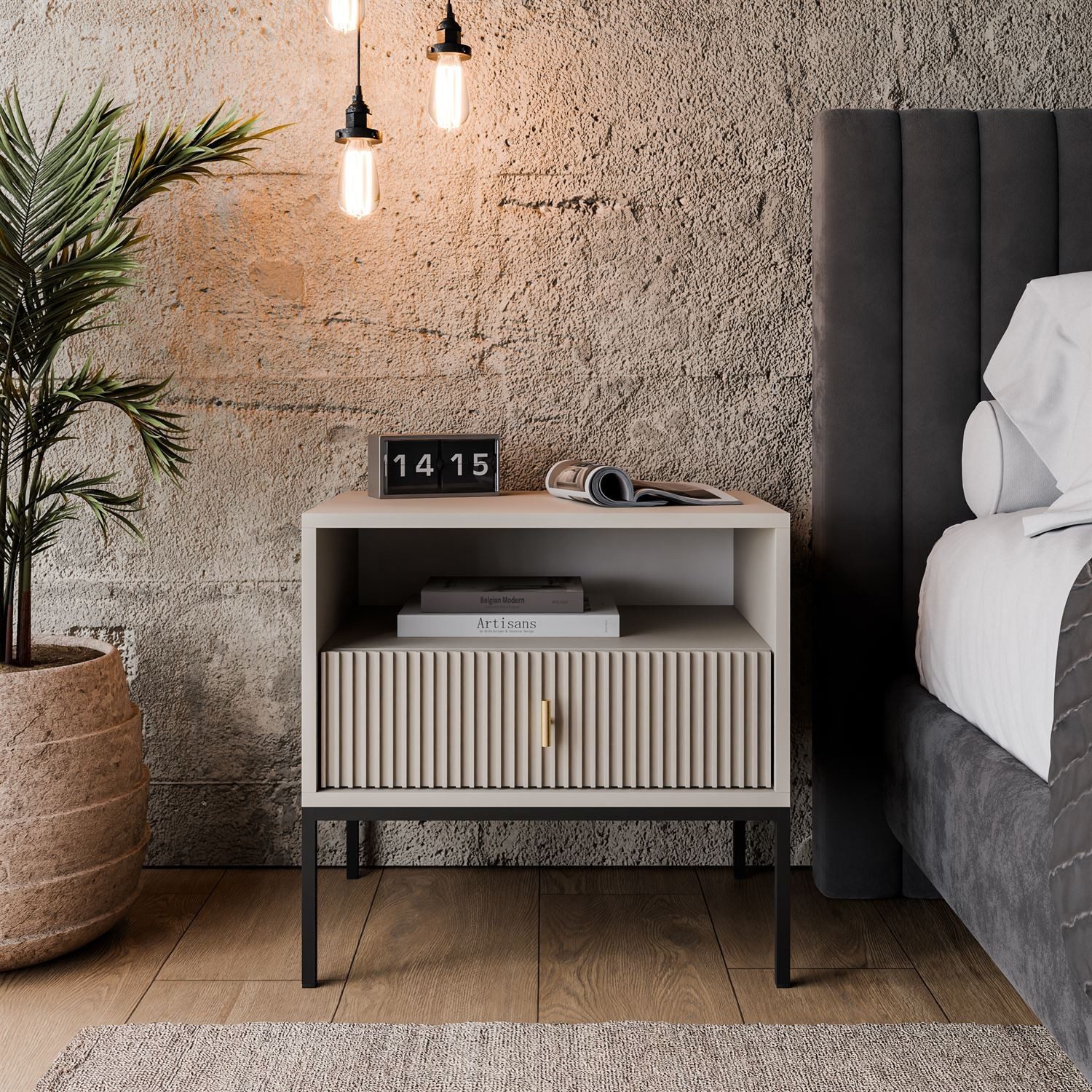 Lookway Nachttisch MIDNIGHT mit geriffelter Front auf Gestell, Breite 54 cm