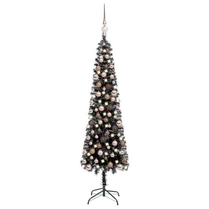 vidaXL Künstlicher Weihnachtsbaum Schlanker Weihnachtsbaum mit LEDs & Kugeln Schwarz 120 cm