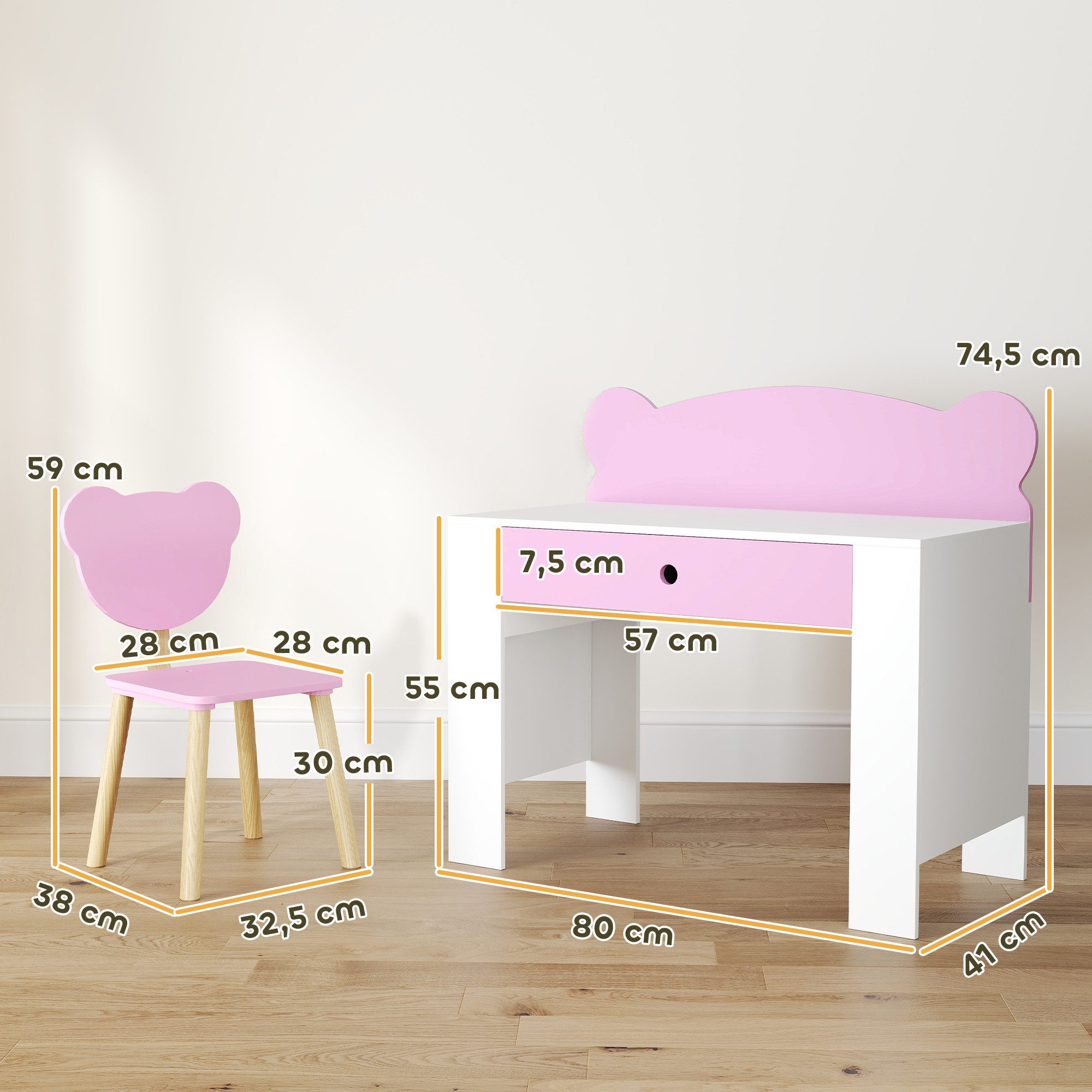 AIYAPLAY Kindertisch Kindertisch Schülerschreibtisch mit Schublade mit Bärenform (Kinderschreibtisch Set, 2-St., Kinder Schreibtisch und Stuhl), Jugendschreibtisch für Jungs & Mädchen Rosa