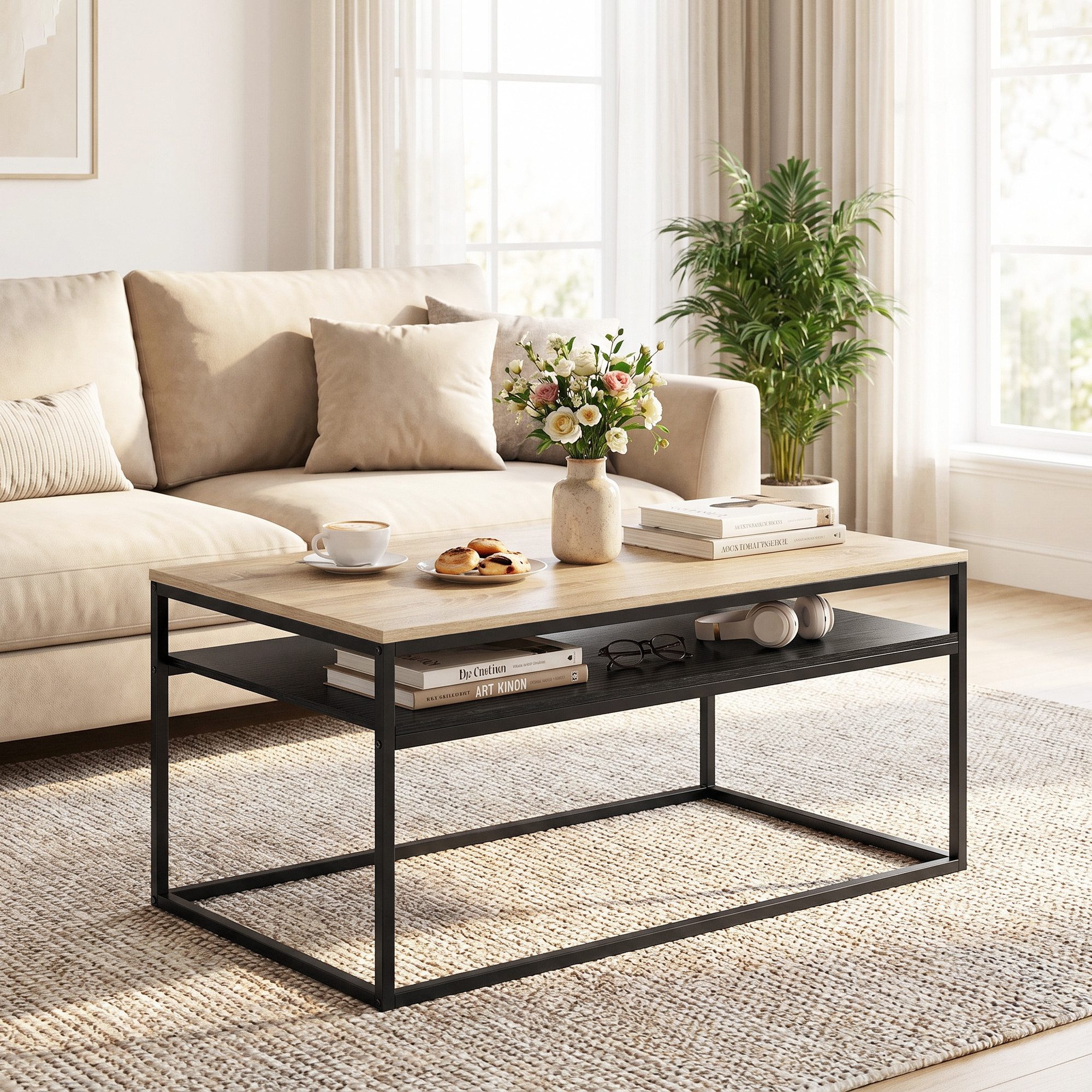 HOMCOM Couchtisch Wohnzimmertisch Beistelltisch mit Ablage (Sofatisch, 1-St., 1 Tisch), für Wohnzimmer, Schlafzimmer, 100 x 59 x 47 cm, Eiche