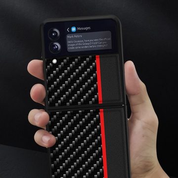 Wigento Handyhülle Für Samsung Galaxy Z Flip3 5G Carbon Design Kunststoff Hart Cover Handy Tasche Hülle Etuis Blau / Schwarz