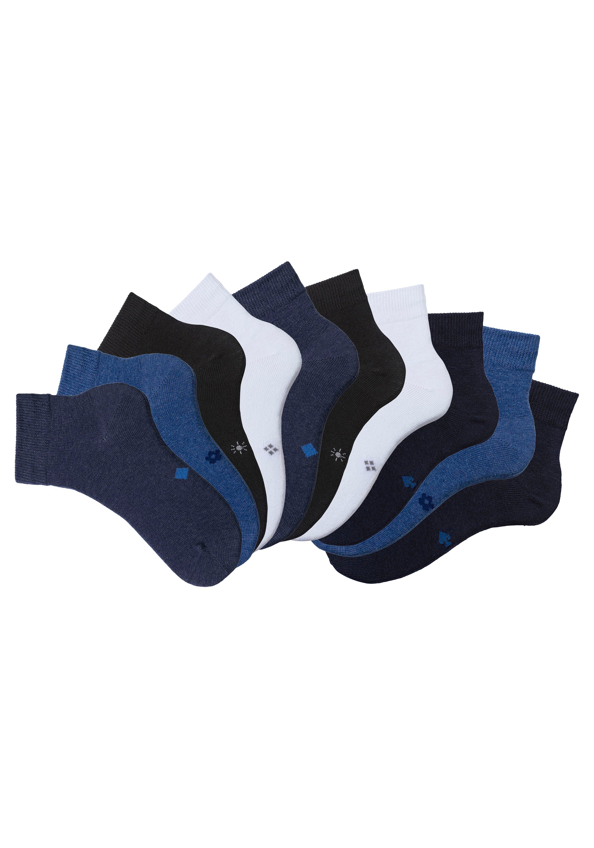 H.I.S Kurzsocken jeans meliert, 2x 2x schwarz, 2x Symbolen blau blau, (Packung, mit 2x eingestrickten 2x weiß 10-Paar) meliert