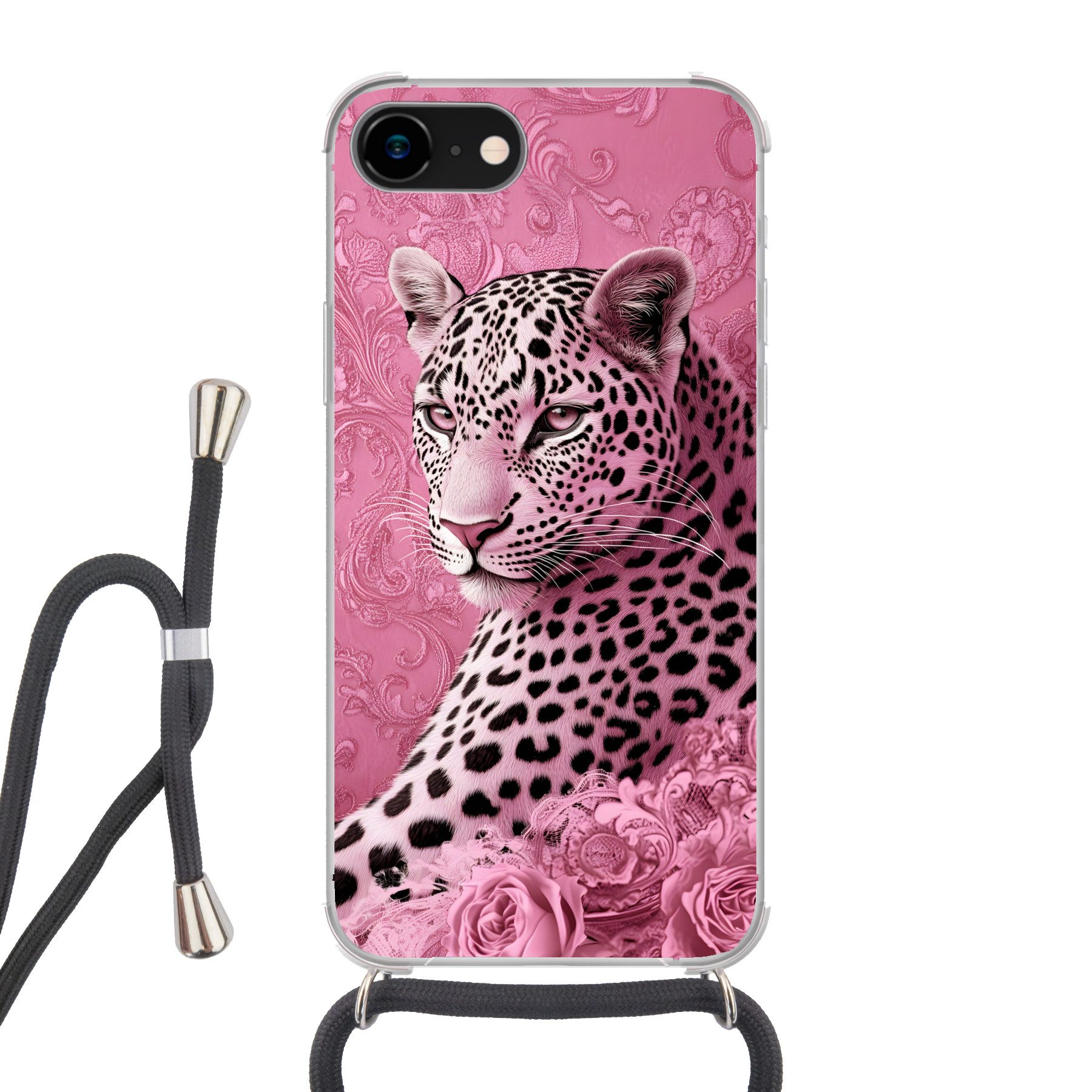 MuchoWow Handyhülle für Apple iPhone 8 Panther - Deluxe - Rosa, Tragbare Handyhüllen mit Kette zum umhängen, Handykette Handyband