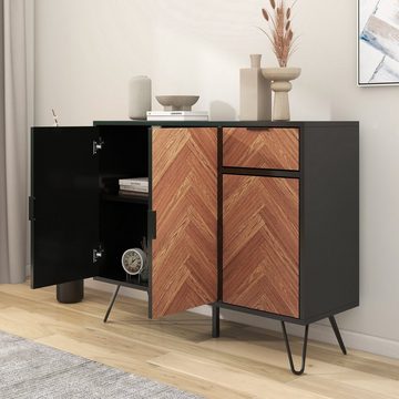 WISHDOR Sideboard Nachtschrank Schubladenschrank Highboard Stoffschrank, Strukturierte Türverkleidungen, Passender Griff und Eisenfüße