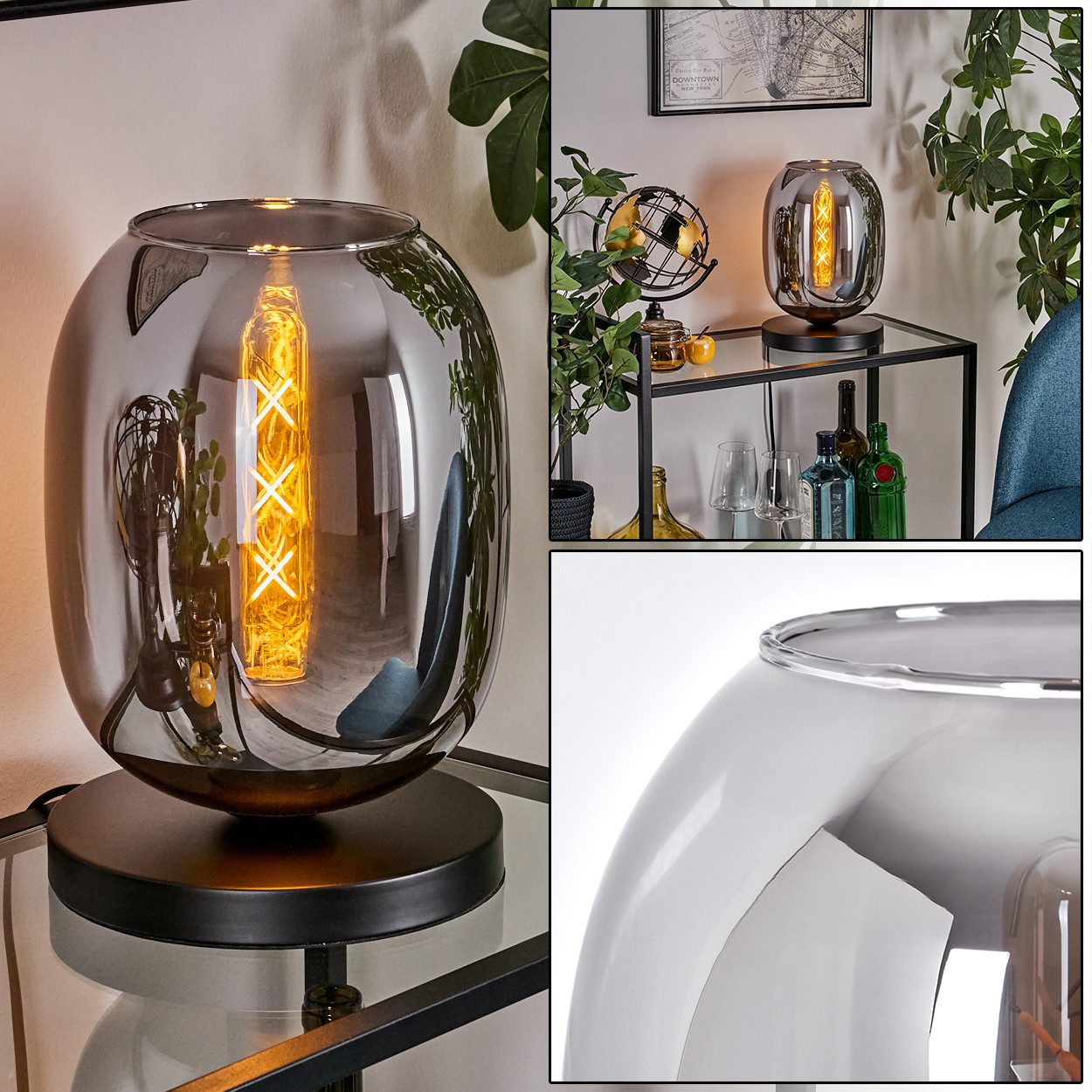 hofstein Tischleuchte Tischlampe aus Metall/Glas in Schwarz/Rauchfarben, oh günstig online kaufen