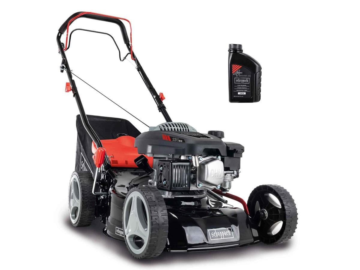 Scheppach Benzinrasenmäher Scheppach Benzin-Rasenmäher MS132-42 mit Öl, 42 cm Schnittbreite, (Set), mit Radantrieb, 131 cm³ Benzinmotor mit 3,3 PS, inkl. 0,6 l Motoröl