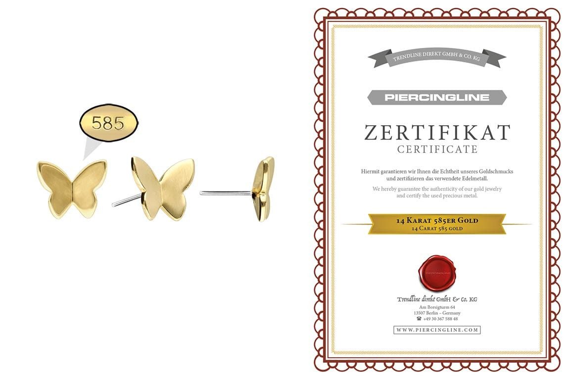 PIERCINGLINE Piercing-Set 14 Karat Gold Aufsatz mit Titan Push Pin SCHMETTERLING (Push Pins, 1-tlg)