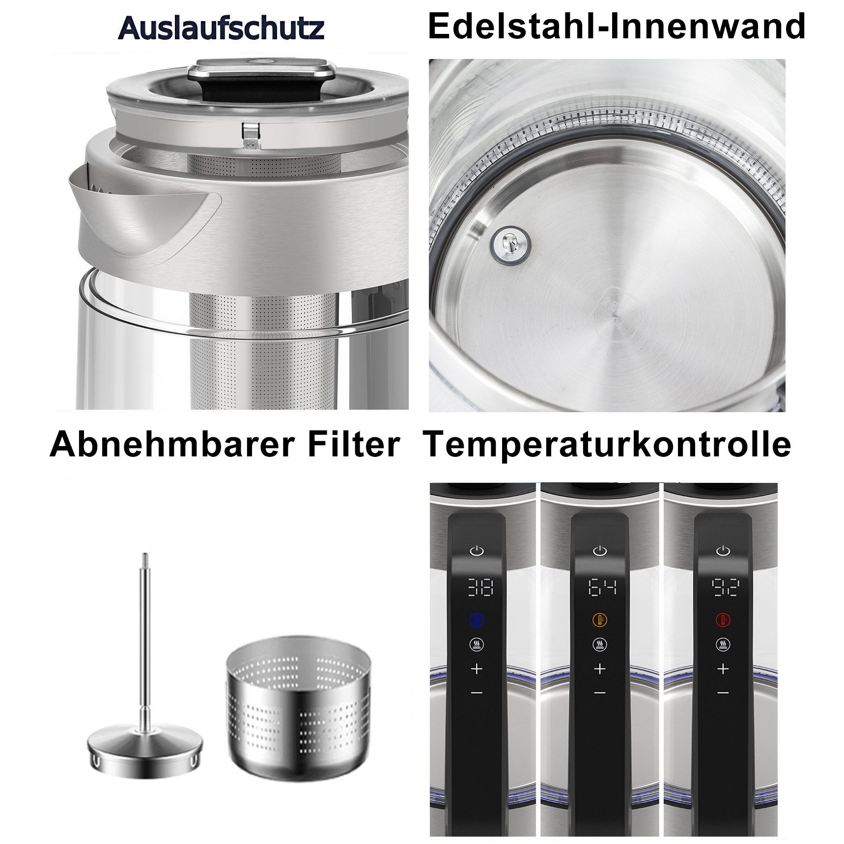 Forrlite Wasserkocher Wasserkocher aus Glas&Edelstahl, mit Temperatureinstellung und Teesieb, 3000 W, Temperaturwahl 0 °C- 100 °C, Warmhaltefunktion, LED‑Farbri – Bild 5 von 5