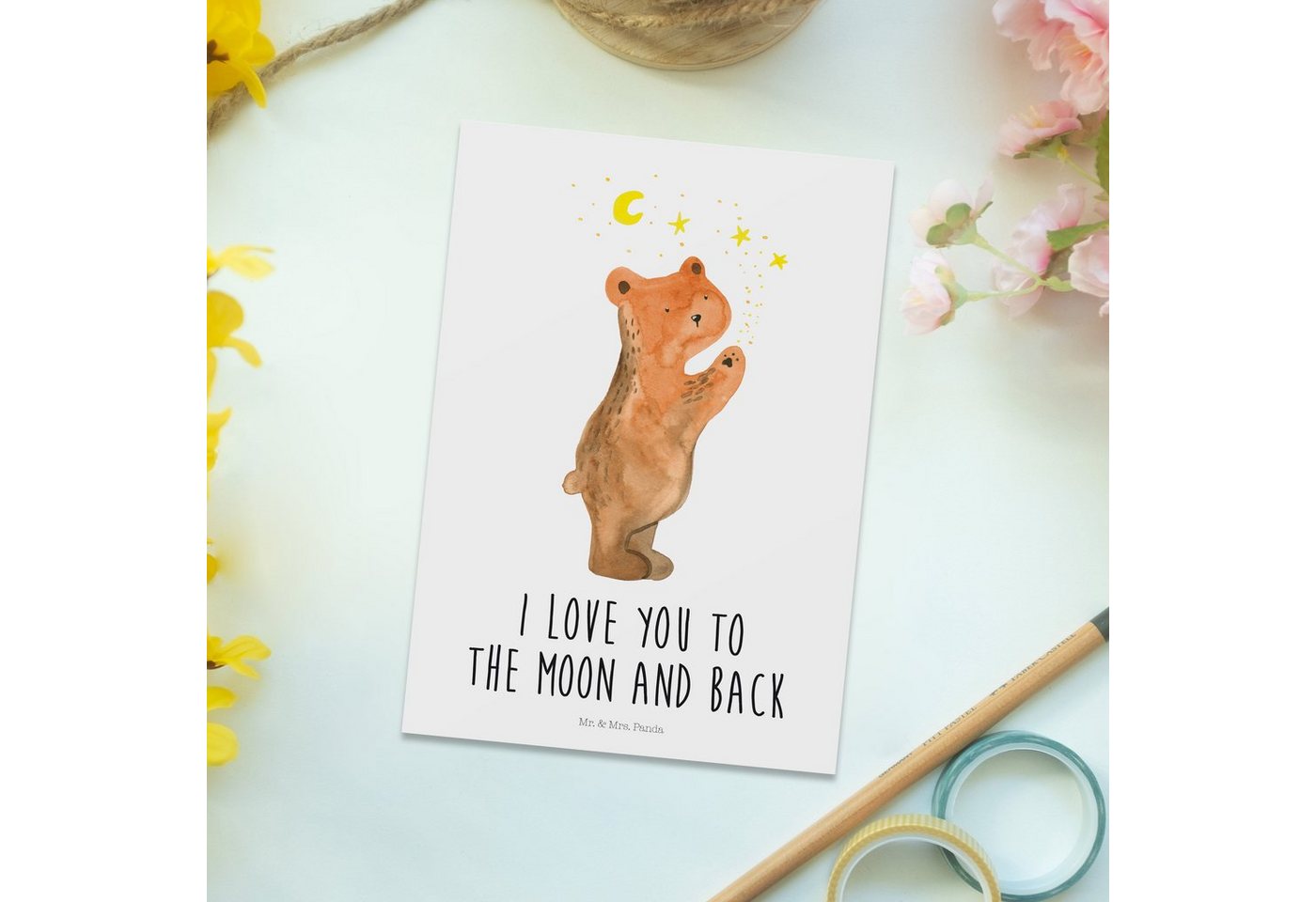 Thumbnail - Mr. & Mrs. Panda Postkarte Verliebter Bär - Weiß - Geschenk, Teddy, to the moon and back, Einlad, Liebevolles Design