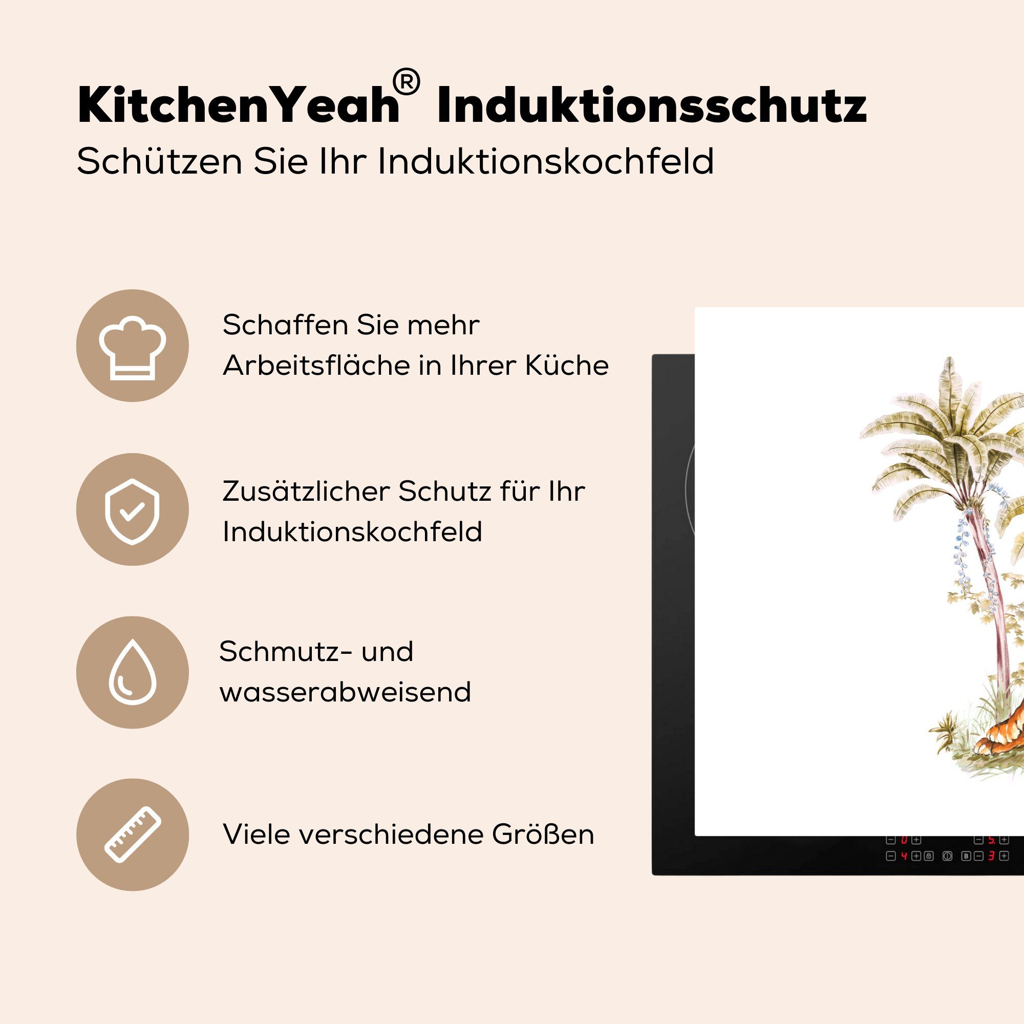 cm, tlg), küche, die Baum Tiger 81x52 Vinyl, für Induktionskochfeld - MuchoWow Schutz Ceranfeldabdeckung - (1 Herdblende-/Abdeckplatte Gemälde,