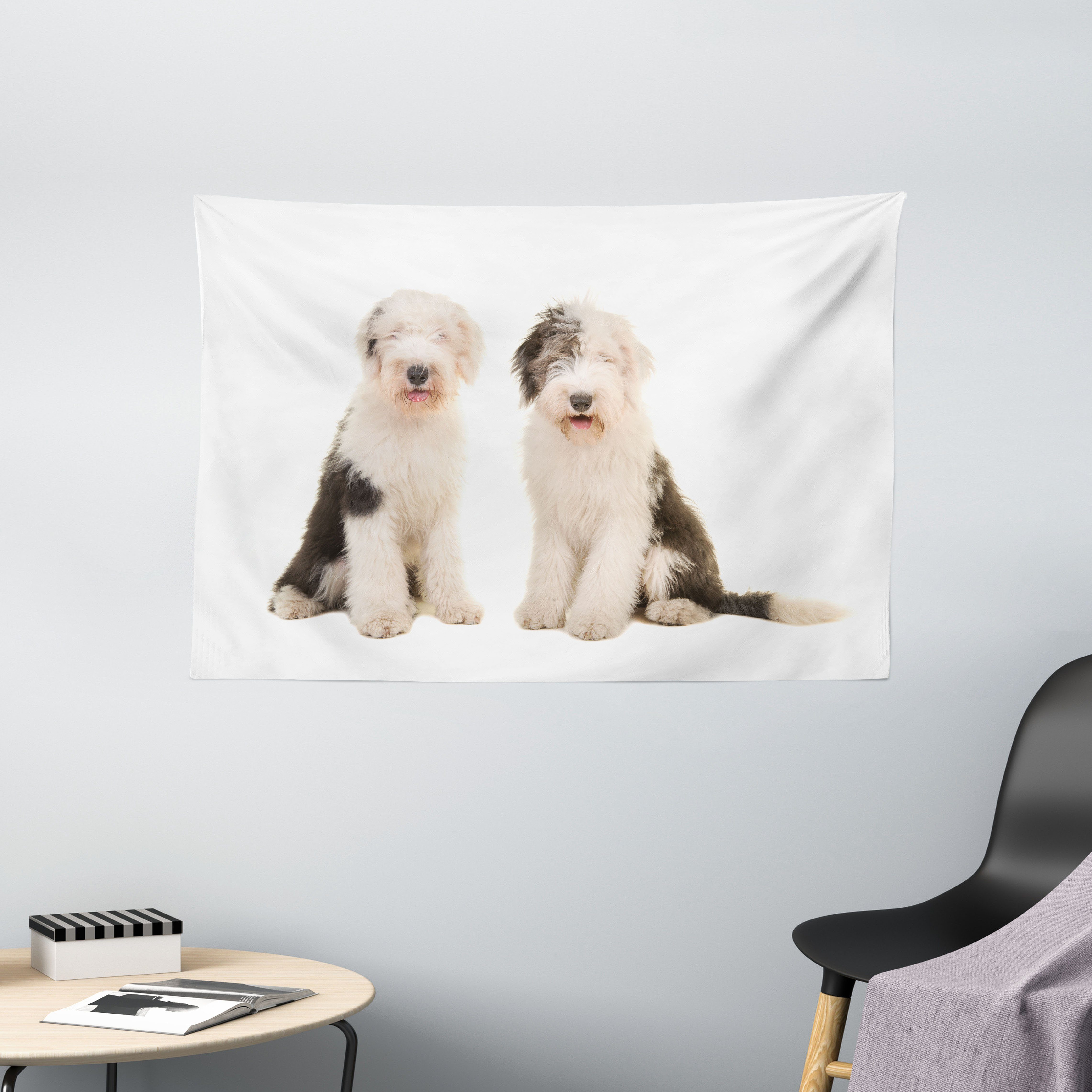 Wandteppich Wohnzimmer Schlafzimmer Wandtuch Seidiges Satin Wandteppich, Abakuhaus, rechteckig, Englisch Sheepdog Junger Erwachsener Hund