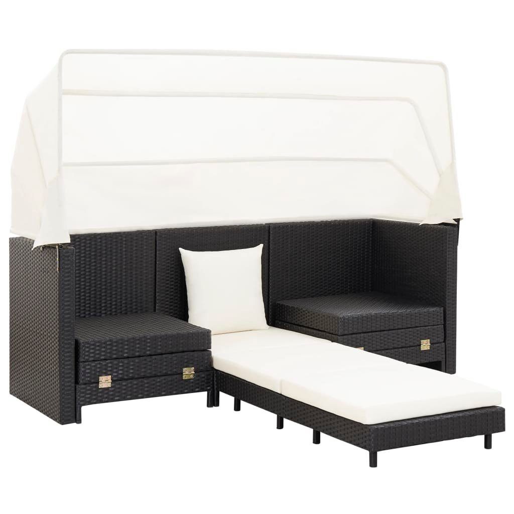 vidaXL Loungesofa Ausziehbares mit 1 Schwarz, Poly Dach Rattan 3-Sitzer-Schlafsofa Teile