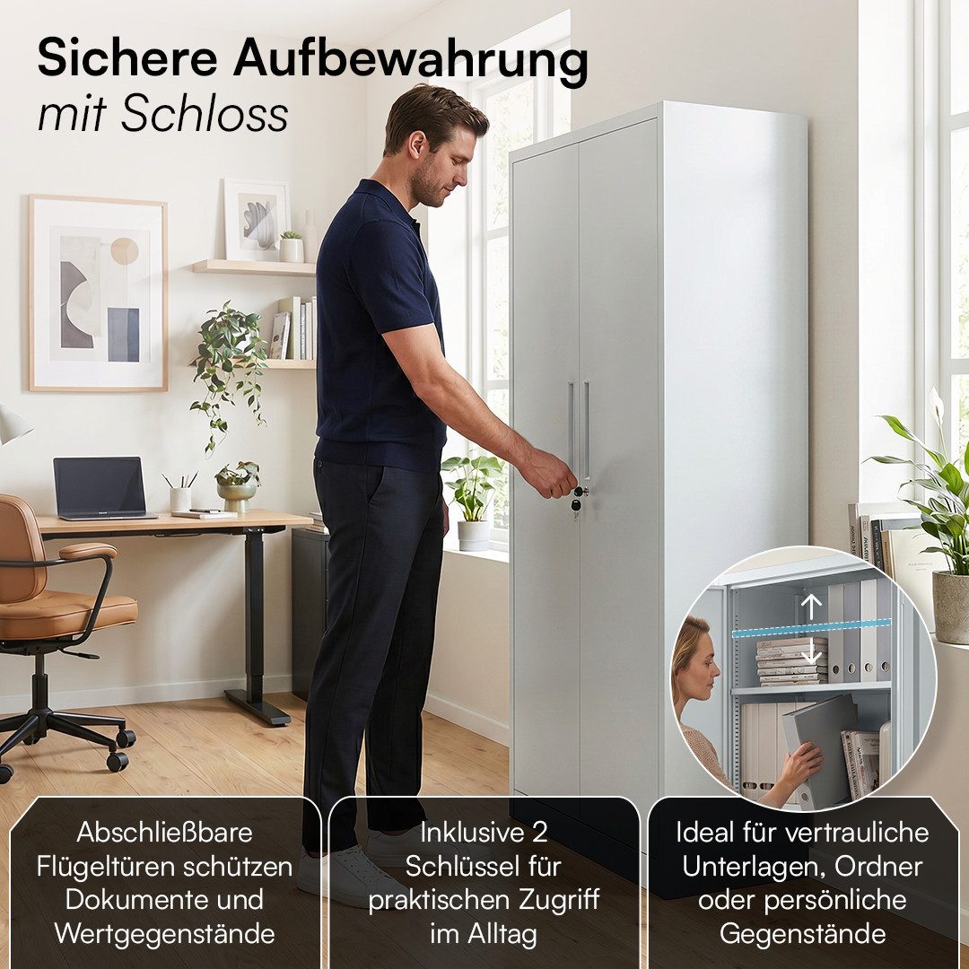 STEELSØN Aktenschrank Regulus aus Stahl, abschließbar mit 2 Schlüsseln (Grau) Spindschrank mit 4 höhenverstellbaren Einlegeböden, 175x40x80 cm – Bild 5 von 5