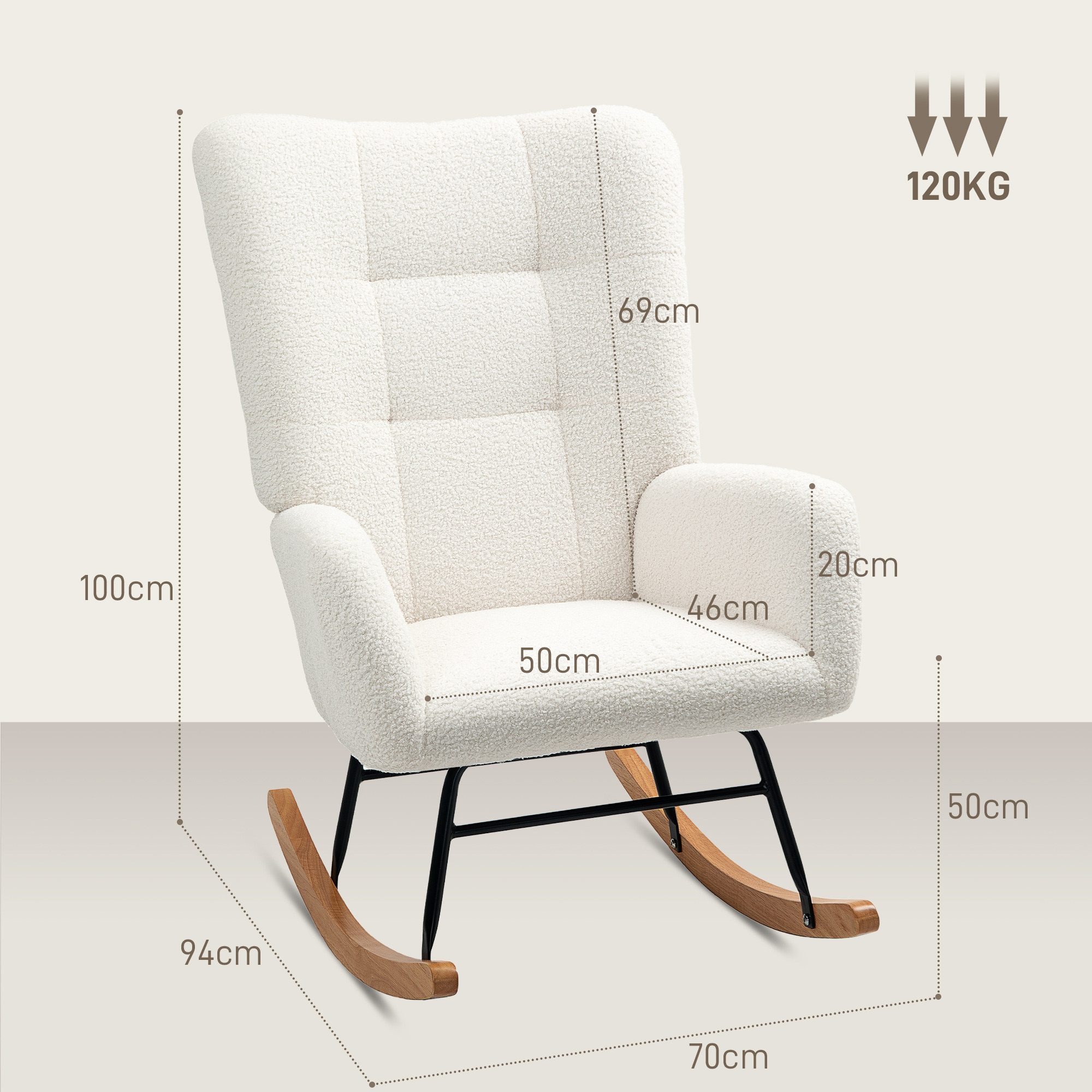 HOMCOM Schaukelstuhl Schaukelsessel mit Armlehne, Teddysamt-Optik (Relaxsessel mit Holzkufen, Schwingsessel, 1 St), Stillsessel für Schlafzimmer, Wohnzimmer, Cremeweiß