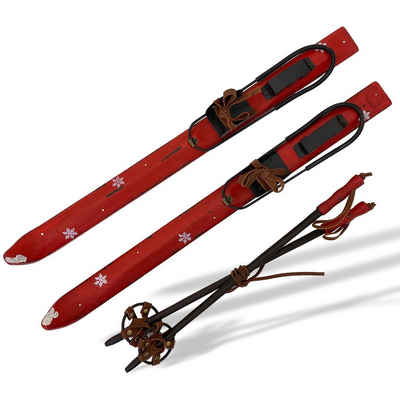 Aubaho Dekoobjekt Ski Dekoration Holz Set mit Bindung Stöcken Ski Wintersport 52cm Antik