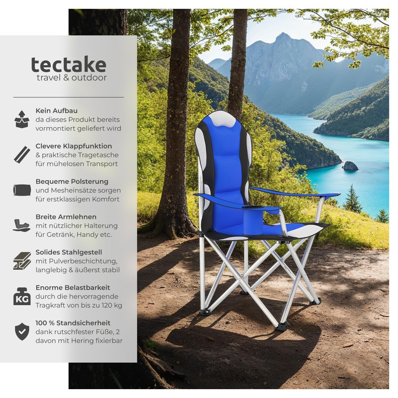 tectake Campingstuhl Gartenstuhl faltbar mit Polsterung, 60 x 88 x 110 cm (Outdoor Klapptstuhl für Außen in Blau, 1 St), gepolstert, mit Getränkehalter, geringes Gewicht, inkl. Tragetasche