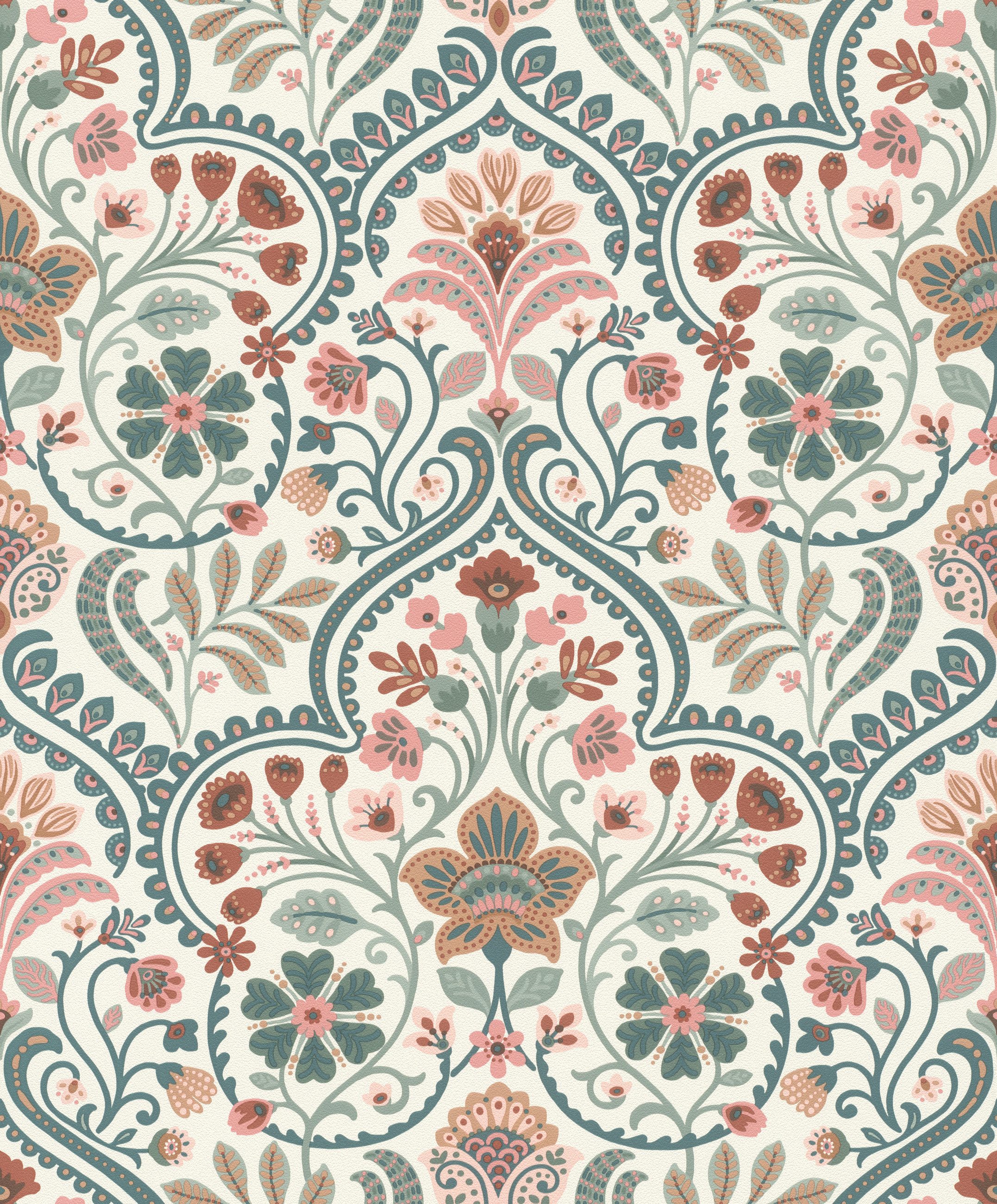 Rasch Vliestapete Blumen & Blätter - Vinyltapete Weiß Blau Rosa, floral, (1 Rolle, 1 St., 10,05 m x 0,53 m), Lichtbeständige Farben - Feucht abwischbar - Restlost abziehbar