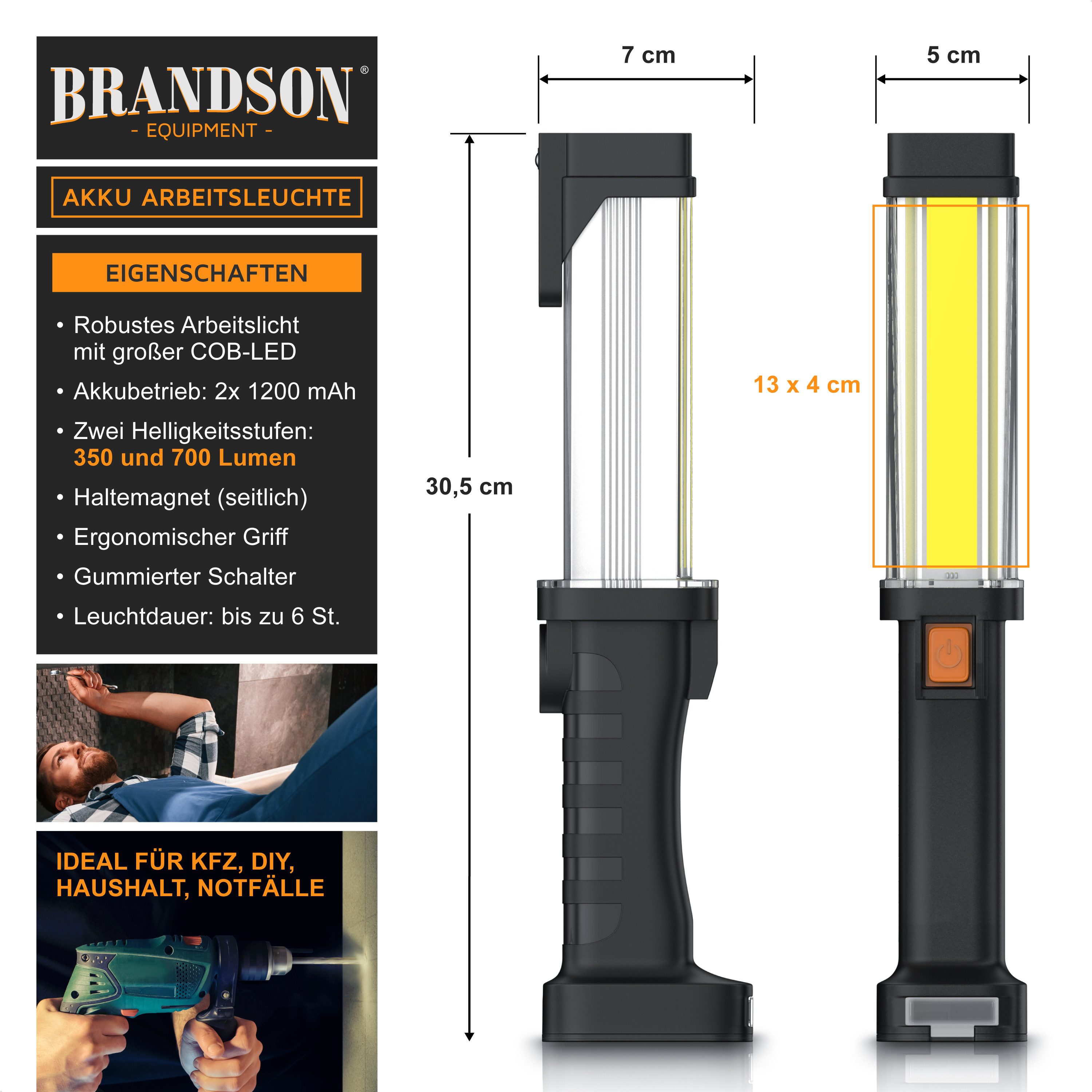Brandson LED Arbeitsleuchte Akku Werkstattlampe mit Haken & Magnet, 2 Helligkeitsstufen, 700 Lumen, Ein-/Ausschalter; mehrere Helligkeitsstufen, LED fest integriert, kaltweiß, IPX4 Taschenlampe, COB-LED, ergonomischer Griff, USB Powerbankfunktion