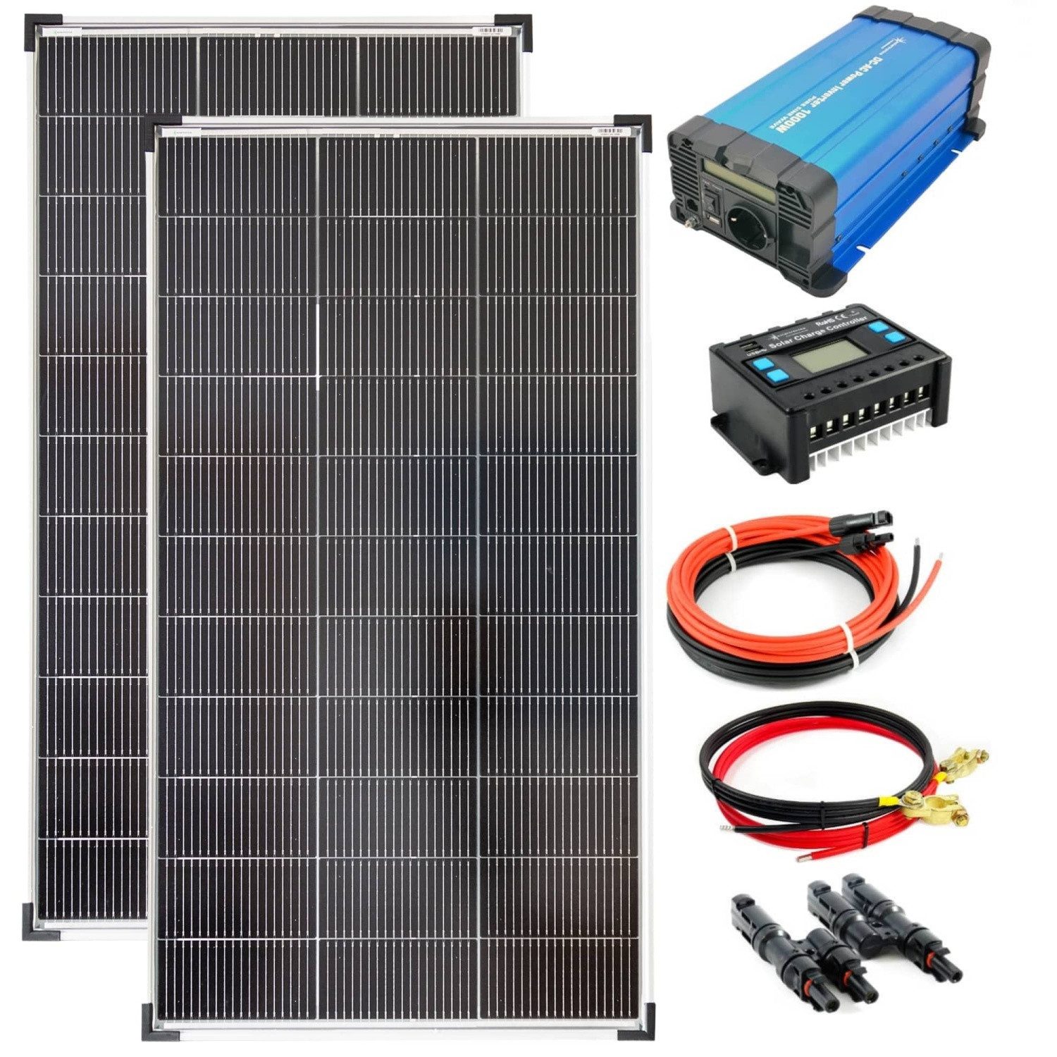 solartronics Solarmodul Set: 2x 120W Solarpanel, FS 1000W Wandler, 20A Laderegler, Zubehör