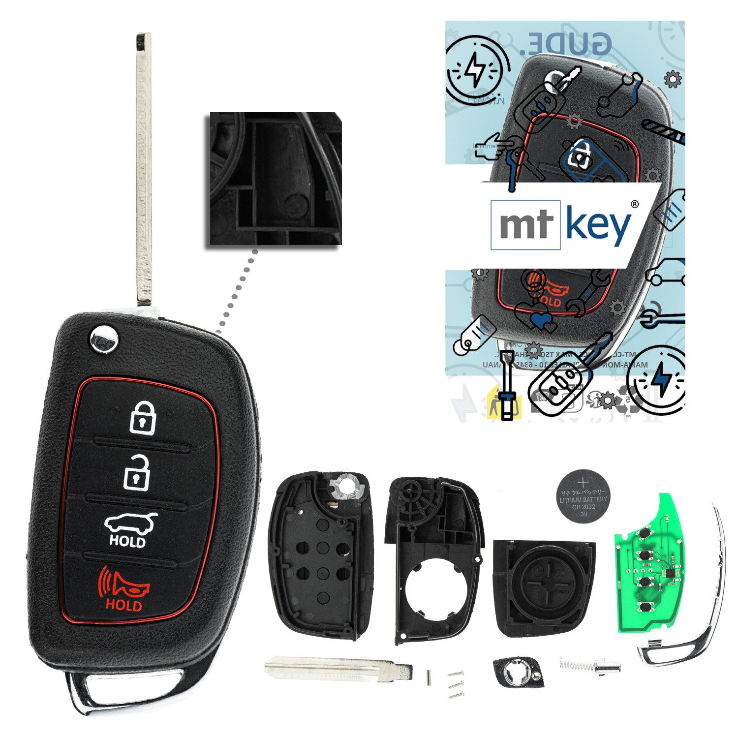 mt-key Schlüsseltasche Auto Funk Schlüssel Fernbedienung 434MHZ (Set), für Hyundai i30 (FD, 07–11); ix35 (EL I, 09–14); Tucson (EL II, 09...
