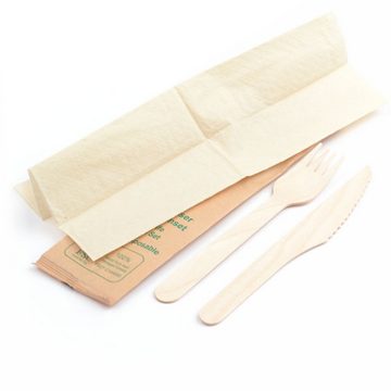 Einweggeschirr-Set 100 Stück Bestecksets aus Holz (Messer, Gabel, Serviette), in Papierbeutel, einzeln verpackt Holzbesteck Set Papierserviette