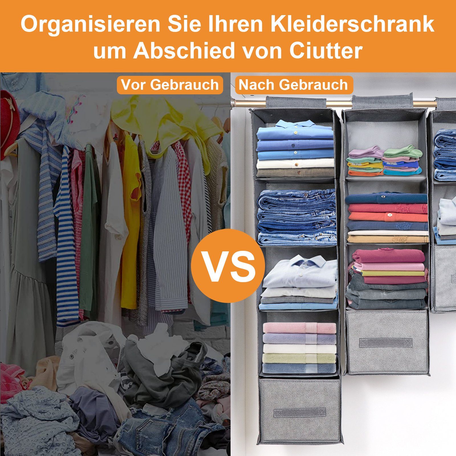 BTTO Hängeregal Hängeaufbewahrung Kleiderschrank Organizer,Hängender Stoffschrank, Hängeregal Schrankorganizer,mit 3/4/5 Breiten Fächern,Grau