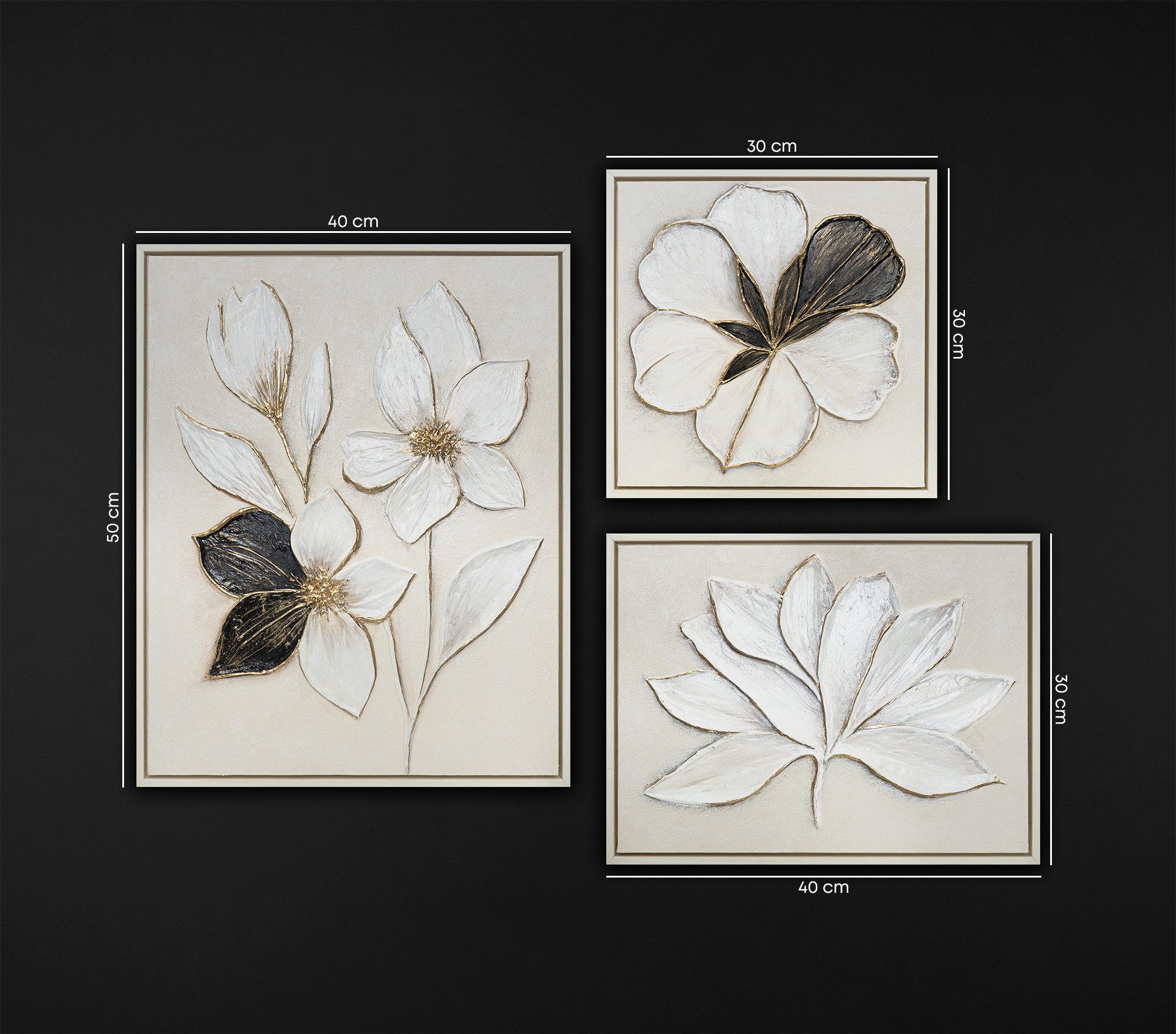 YS-Art Gemälde "Zarte Kontraste", Blumen (Set, 3 St), Wandbilder Set Modern Schwarz Weiß – Bilder Set mit Rahmen