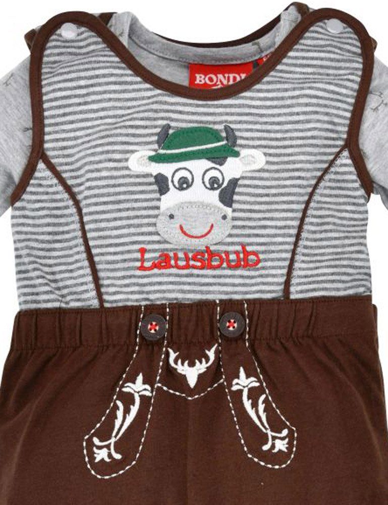 Jungen Baby Trachtenmode Overall - Braun "Lausbub" Strampler 2-tlg. Kuh-Motiv Grau 91462, mit BONDI Baumwolle