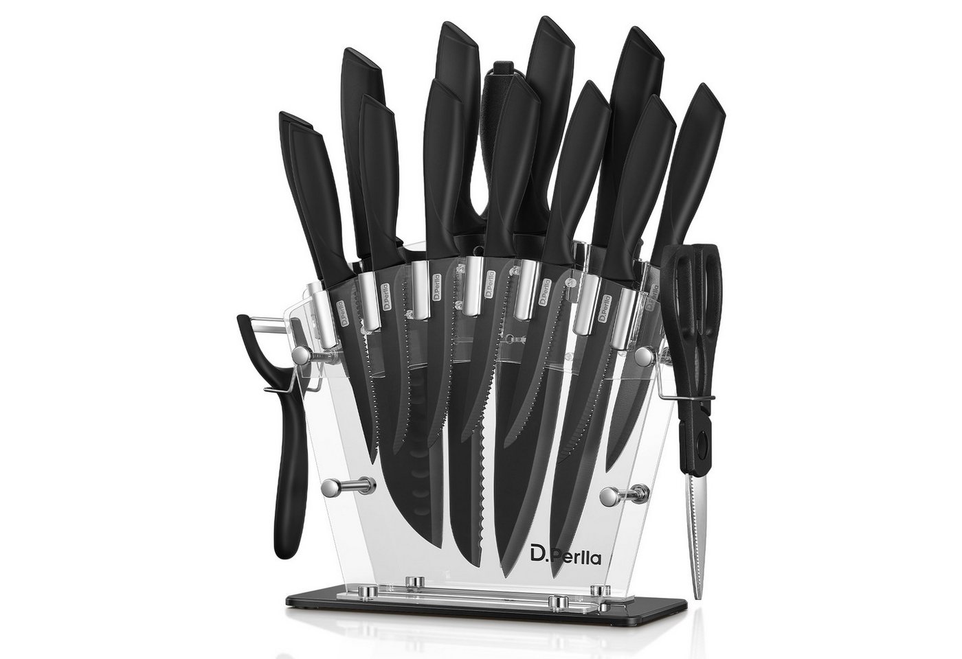 D.Perlla Messer-Set 16-teiliges Küchenmesserset aus Edelstahl, mit Messerblock (Set, 16-tlg), hoher Kohlenstoffgehalt, weiche Griff