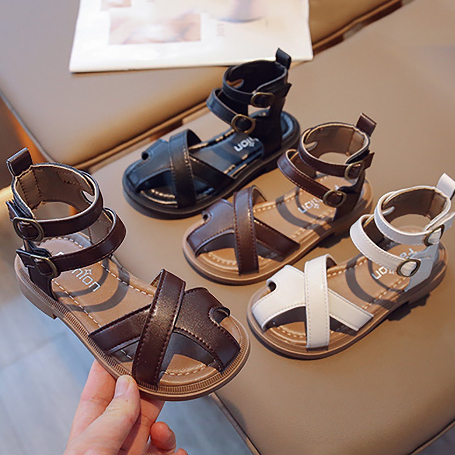 Daisred Mädchen römische Flach Sandale Freizeitschuh Sommerschuhe Braun sandalette
