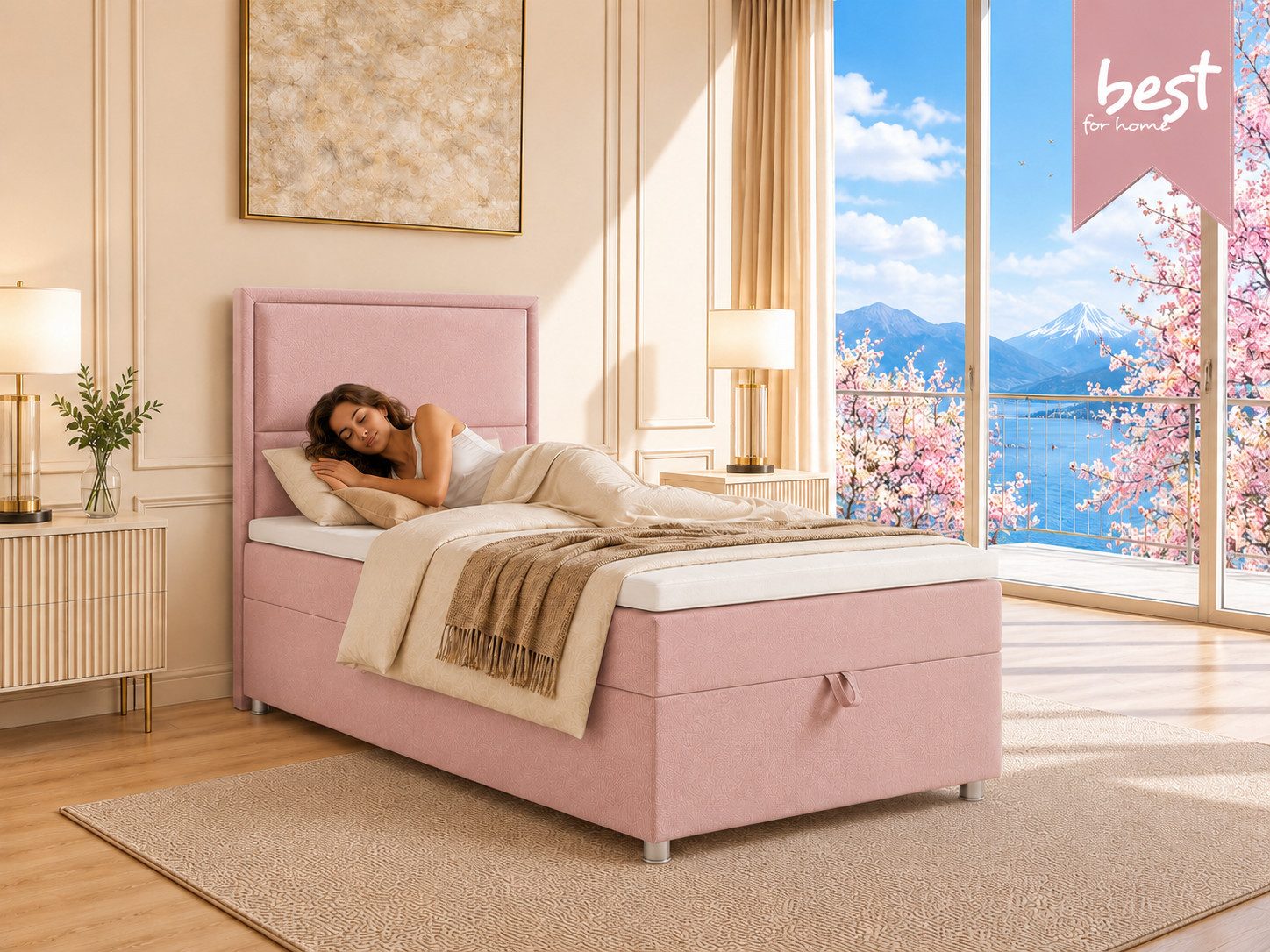 Best for Home Boxspringbett K-11 SINGLE mit Bettkasten, Bonellfederkern, Komfort Topper H3 (Hotelbett, Einzelbett, Kinderbett, Juniorbett, 5-St., 70x200 80x200 90x200 100x200 cm), Einzelbett mit integriertem Stauraum, gepolstertem Kopfteil