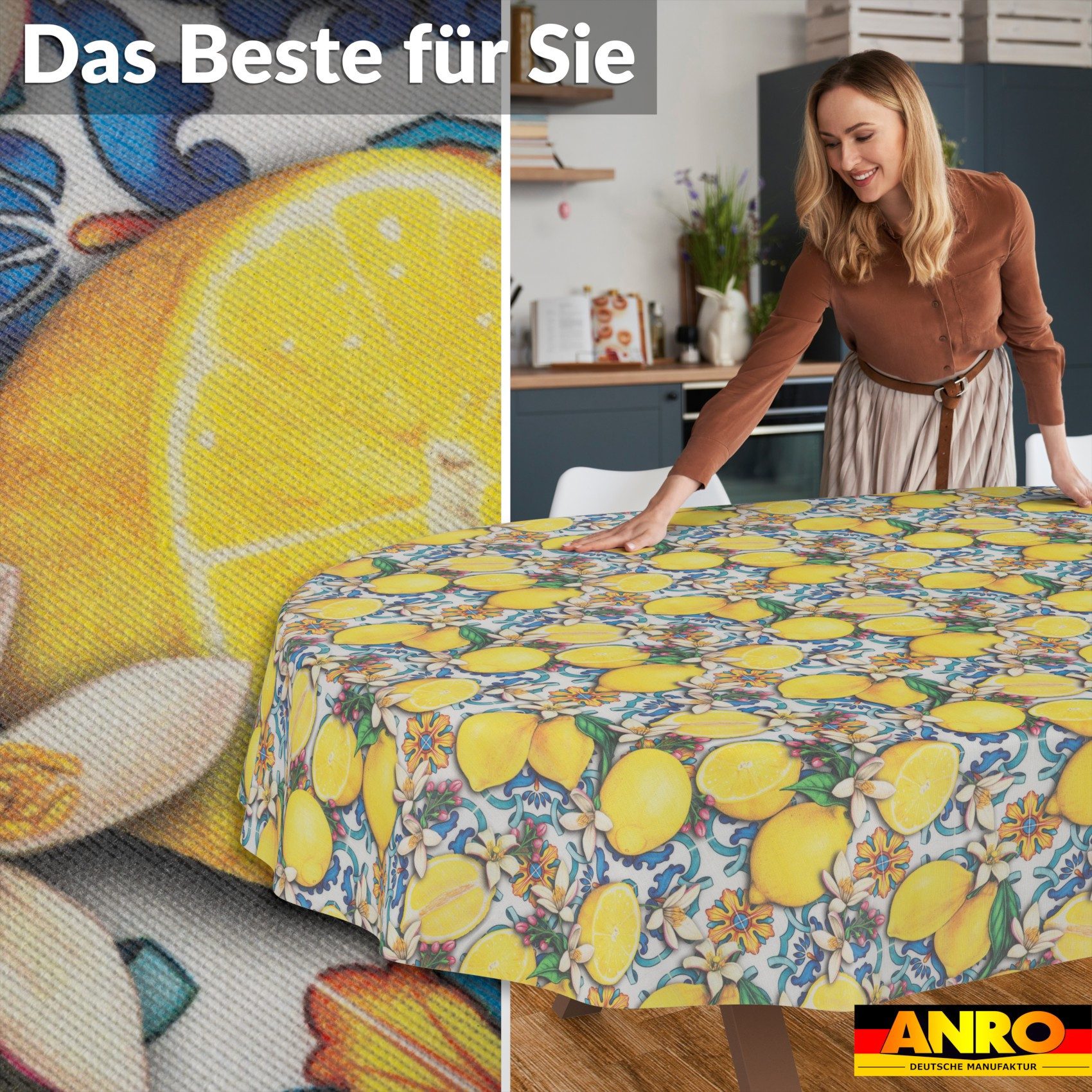 ANRO Tischdecke Wachstuchtischdecke 3.0 abwischbar Zitrone Spanien Gartentischdecke (Einzelstück 1-tlg), wasserabweisend PU-Beschichtet Azulejos Gelb Oval 160x140cm
