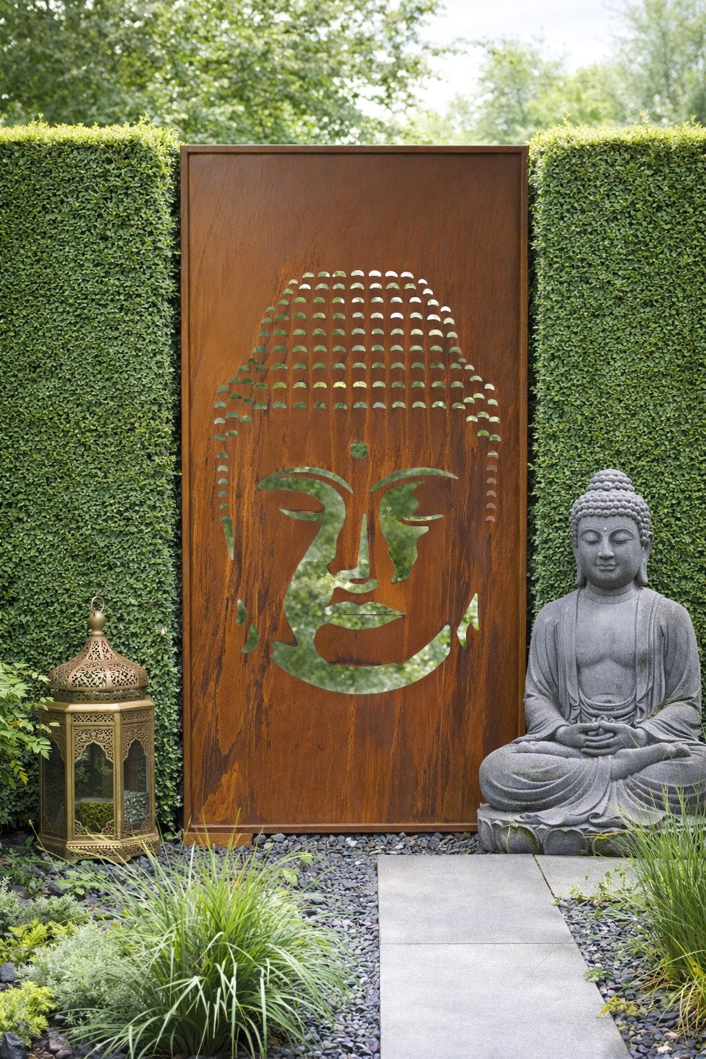 BADEKO Sichtschutzelement Sichtschutz Paravent Buddha 200x100cm aus Edelrost in Cortenstahloptik