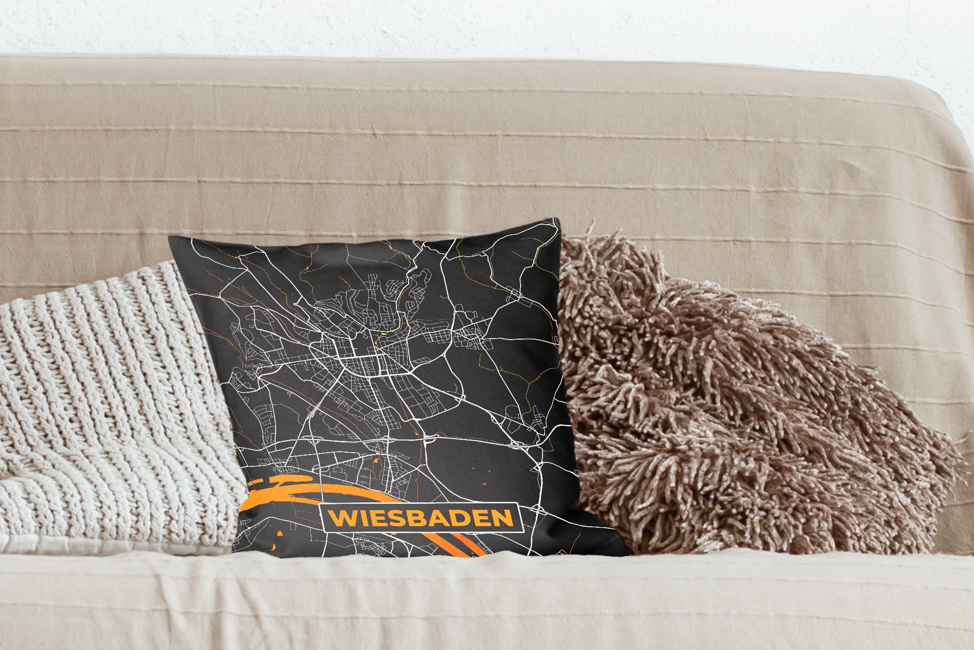 Schlafzimmer, Dekokissen mit für - Zierkissen - Gold Deko, MuchoWow Wiesbaden Karte - Wohzimmer, Füllung Stadtplan, Deutschland Sofakissen -