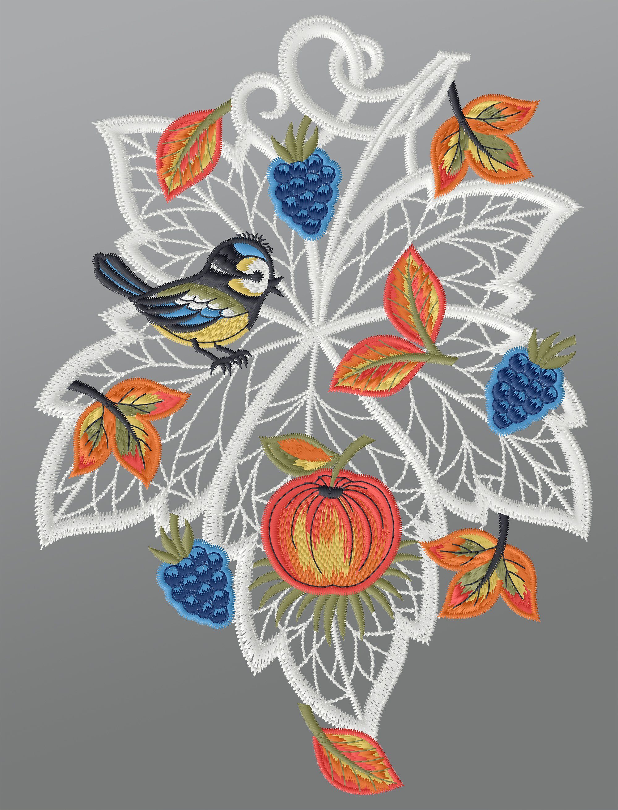 Plauener Spitze® Fensterbild Herbstblatt mit Blaumeise, HxB 28x21cm