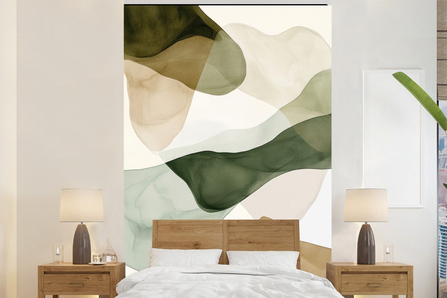 MuchoWow Fototapete Japandi - Abstrakt - Grün, Matt, bedruckt, Montagefertig Vinyl Tapete, Wandtapete, 145x220 cm