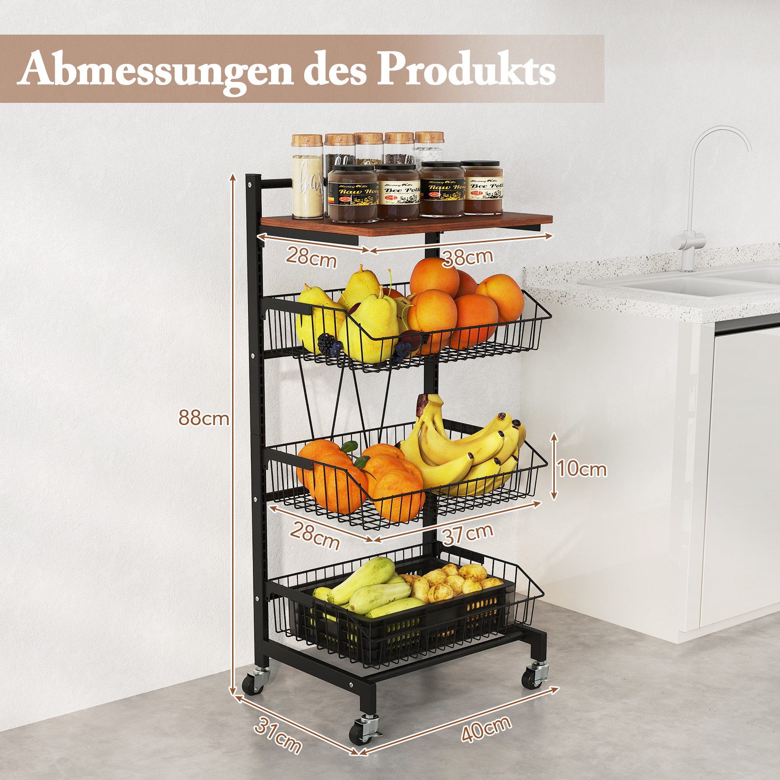 COSTWAY Servierwagen, 4 Etagen, 3 ausziehbare Körbe, 40x31x88cm