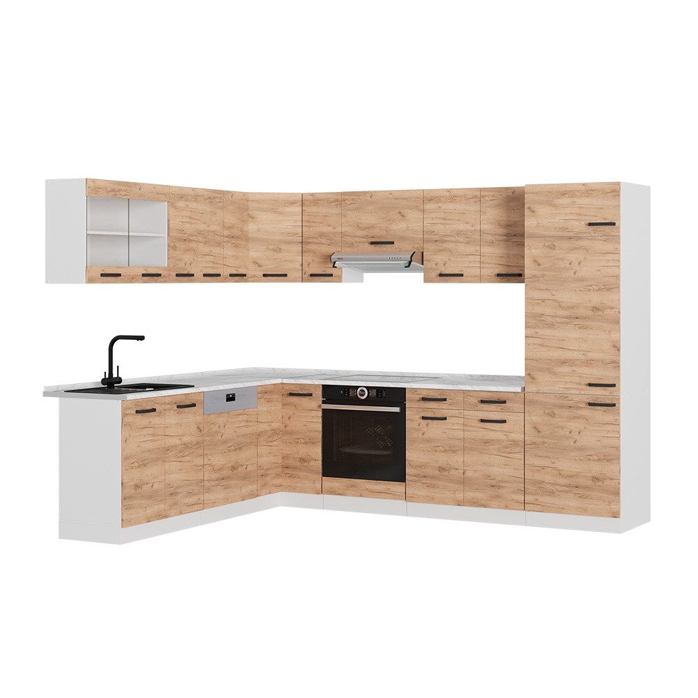Vicco Winkelküche R-Line, Goldkraft Eiche/Weiß, 287 x 227 cm ohne Arbeitsplatte