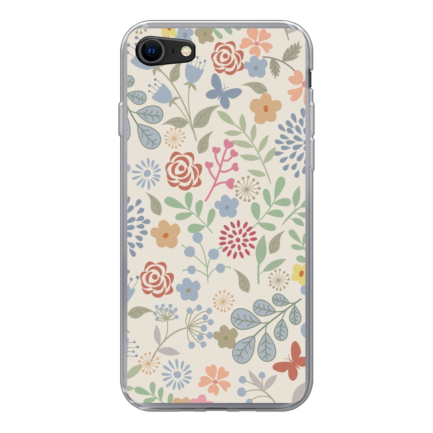 MuchoWow Handyhülle für Apple iPhone 8 Eine Blumenmuster-Illustration mit vielen Blumen, Smartphone-Bumper, Print, Handy Schutzhülle Dünn