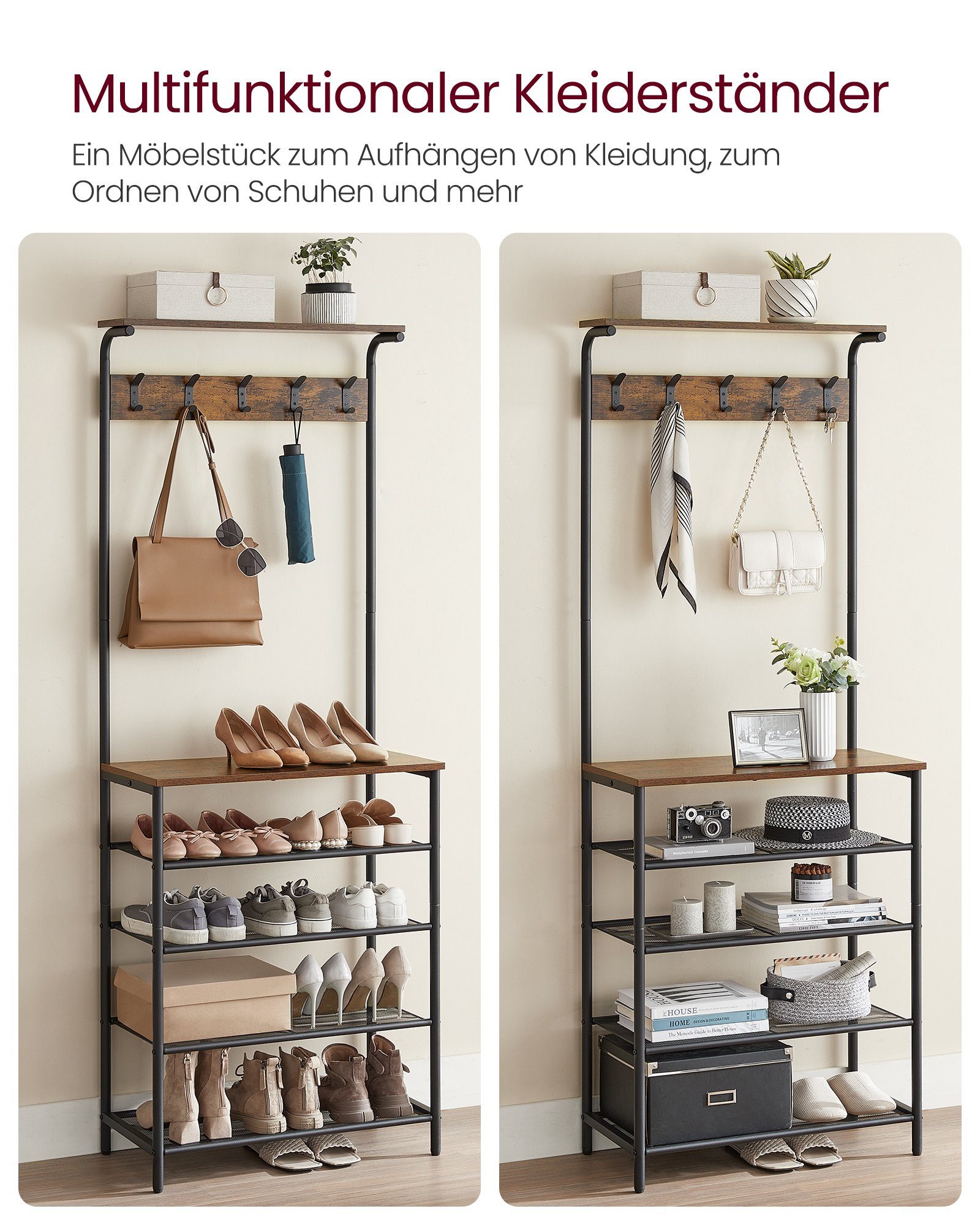 VASAGLE Garderobenständer Kleiderständer mit 5 Doppelhaken, Schlafzimmer, Flur, Industrie-Design, mit 5 Ebenen, eine Ablage oben – Bild 4 von 5