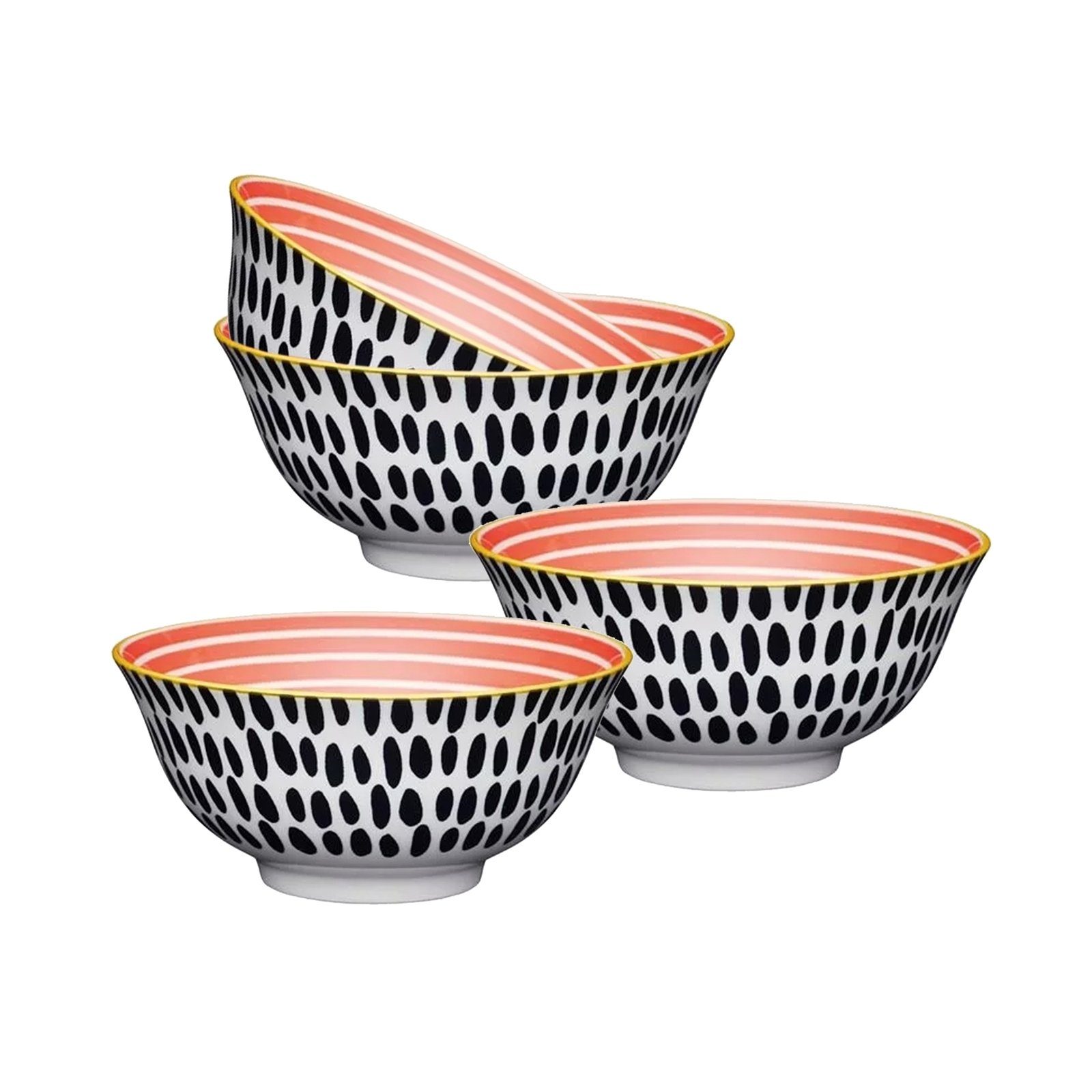 Neuetischkultur Müslischale Müslischale bunt dekoriert 4er-Set Keramik, Keramik, (Set, 4-tlg) Schwarze Tupfen-Rote Streifen