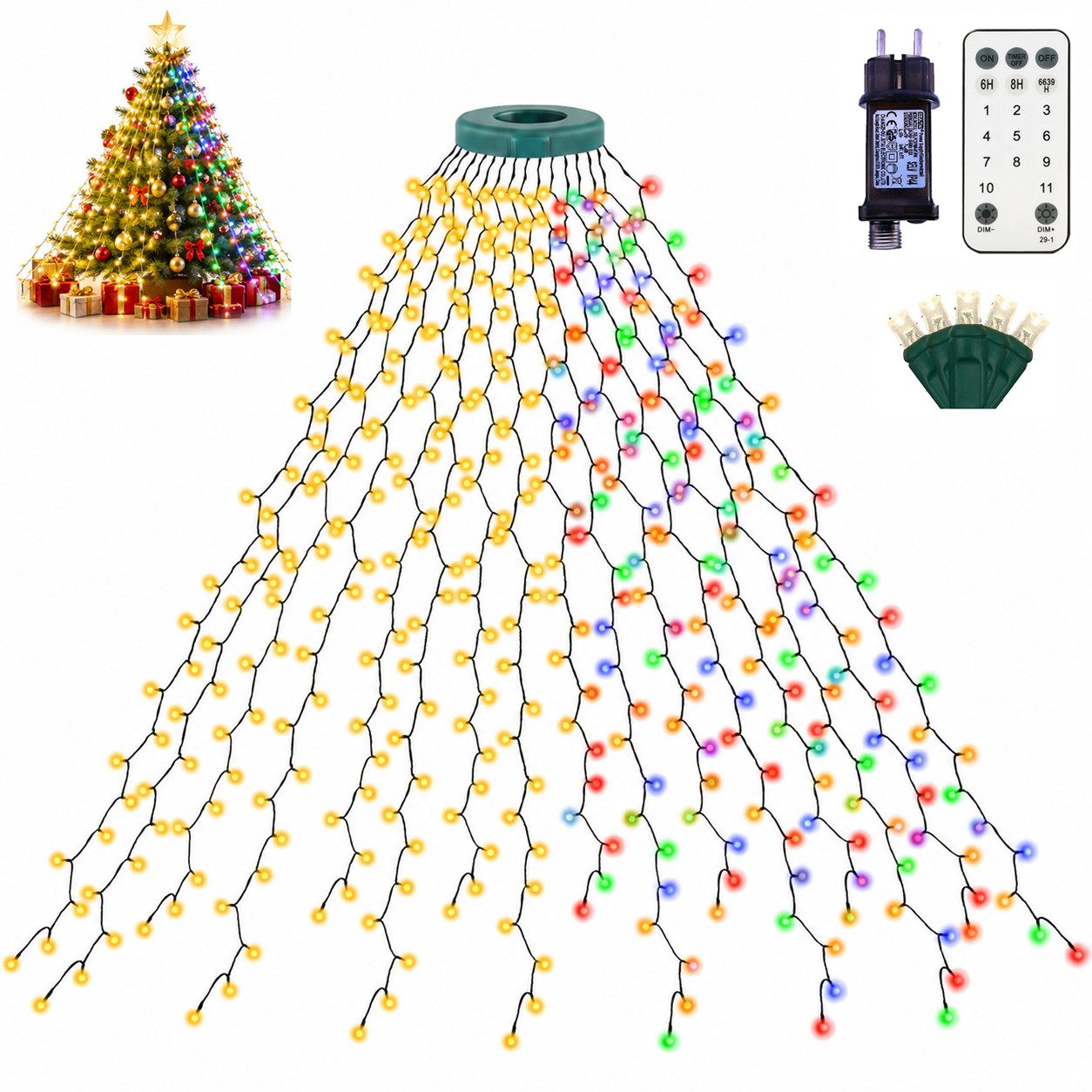 XERSEK LED-Baummantel 2M Lichterkette Weihnachtsbaum mit Ring 31V RGB Christbaumbeleuchtung, 16 Stränge 400 LED, 11Modi, Speicherfunktion, Timer, Stufenlos Dimmbar